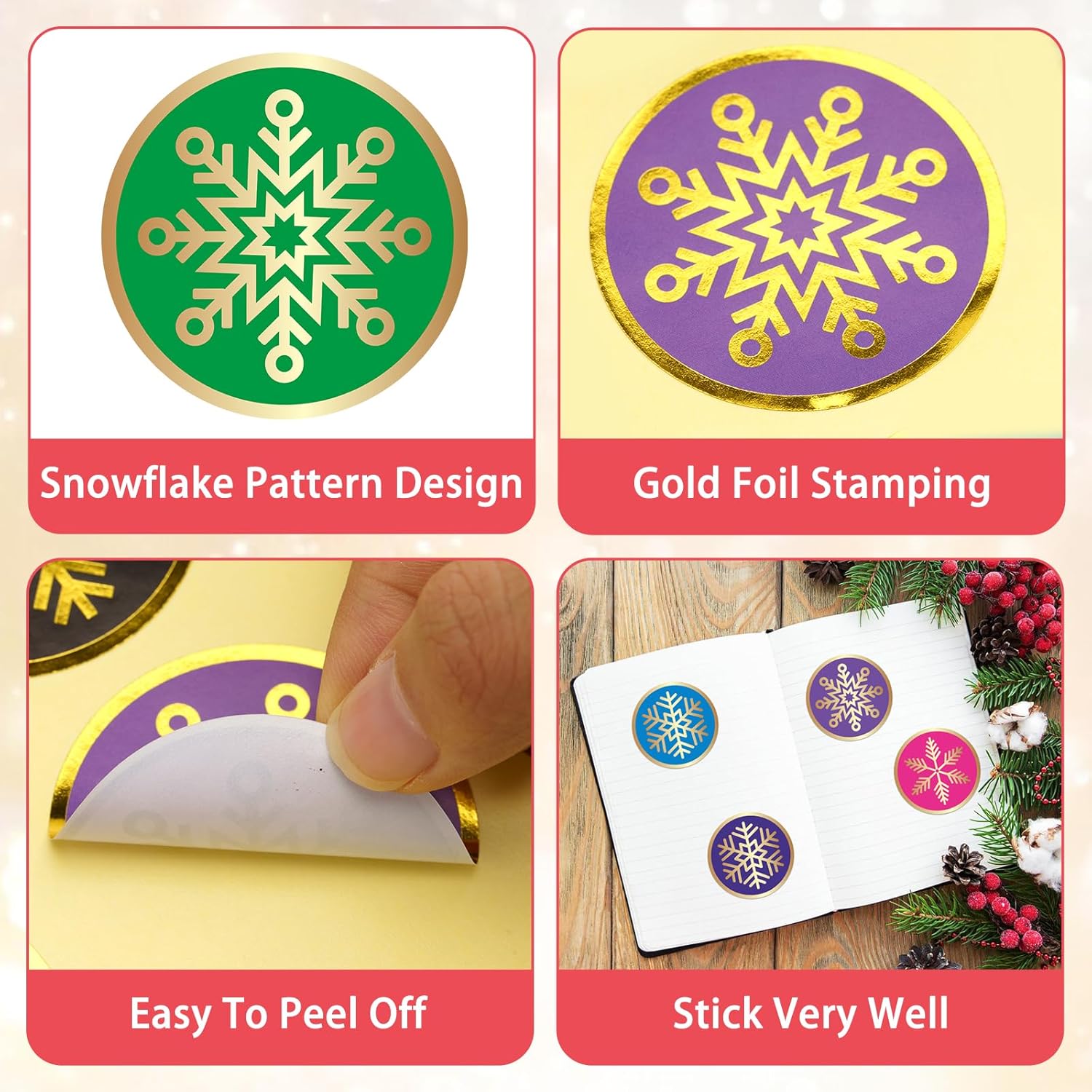Christmas Snowflake Stickers - 120Pcs 2Inch Gold Foil Stamping Design Envelope Seal Labels, Merry Xmas Gift Stickers For Cards