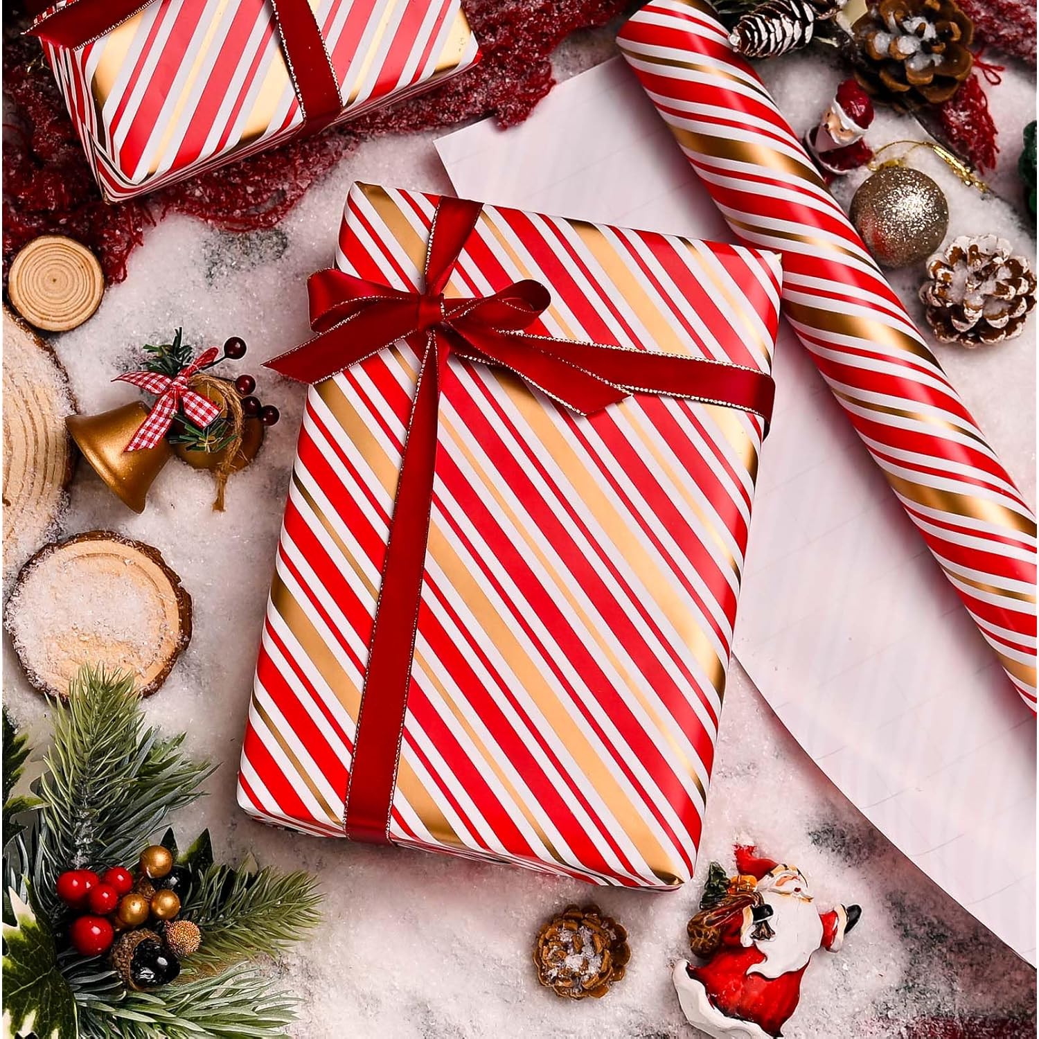 Christmas Stripe Wrapping Paper Roll - 17 Inch X 33 Feet - Classic Red Candy With Gold Diagonal Stripes Winter Holiday Gift Wrap For Weddings Birthday Party Showers And Scrapbooking