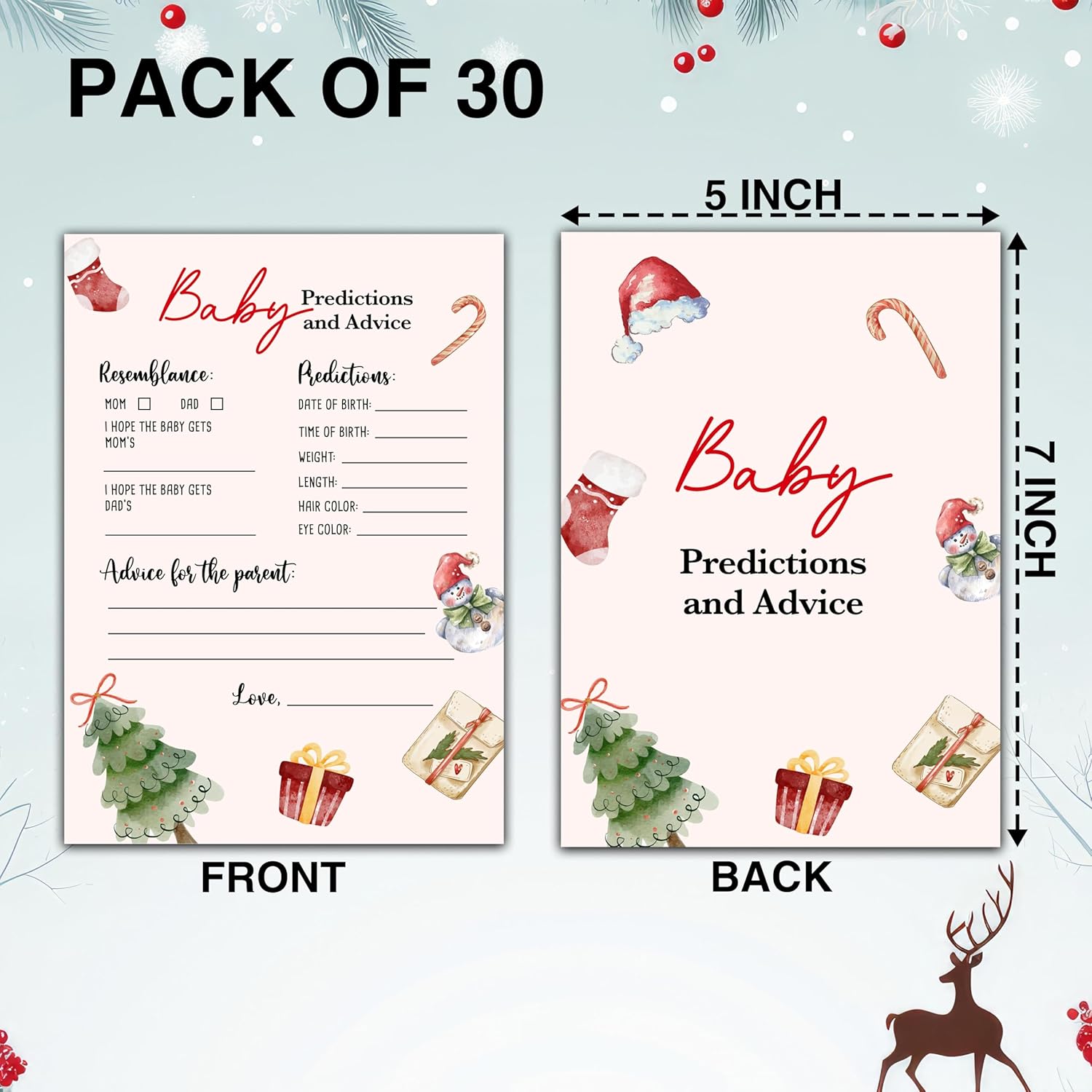 Christmas Baby Shower Game - 30 Double Side Baby Prediction And Advice Game Cards - Winter Gender Neutral Baby Shower Party Decorations Supplies Favors - B03