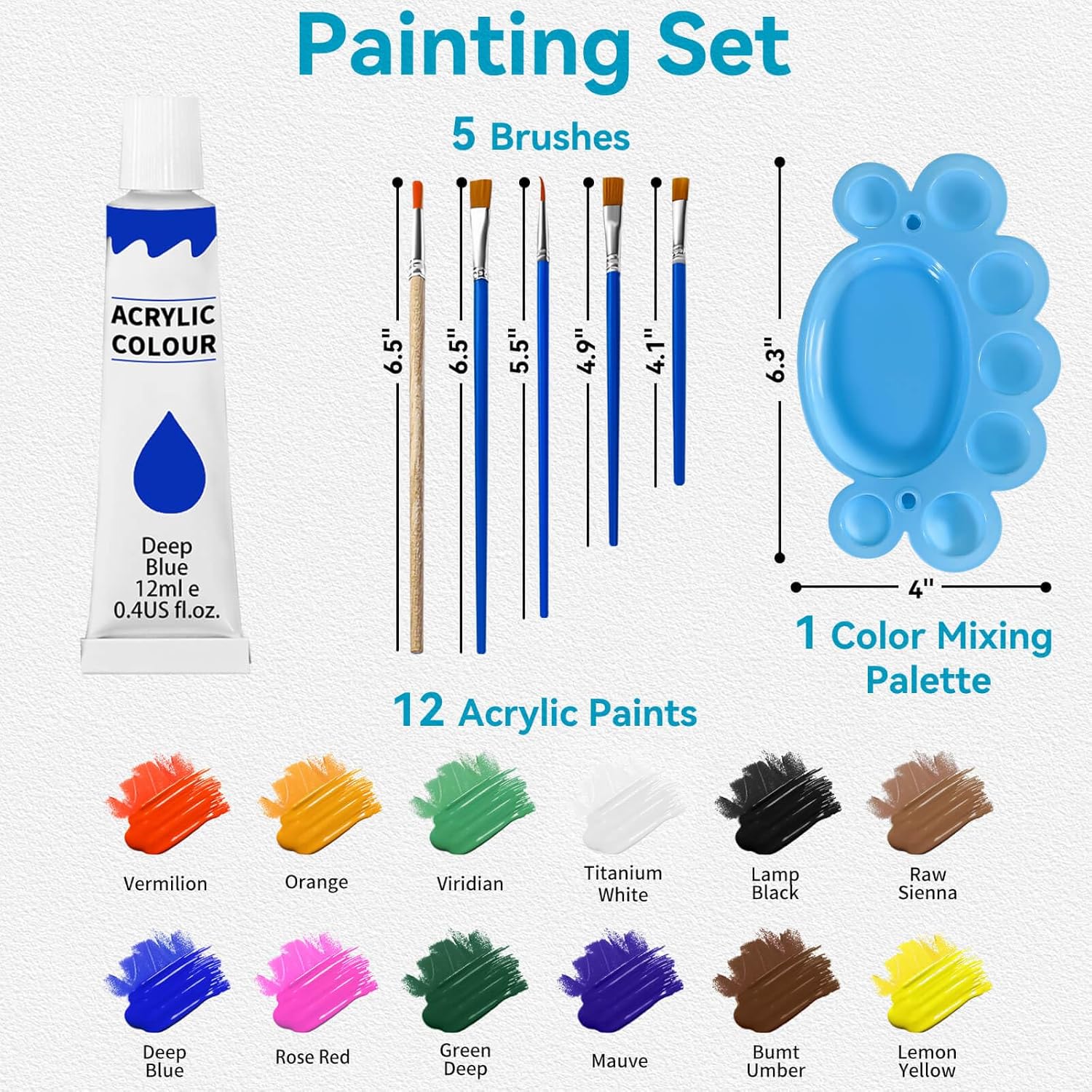 Complete Acrylic Painting Set For Beginners & Kids,12 Vibrant Colors (12Ml,0.4Oz),5 Brushes,1 Palette,All-In-One Art Supplies Kit For Learning,Crafts & Fun