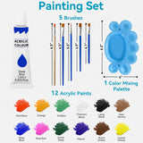 Complete Acrylic Painting Set For Beginners & Kids,12 Vibrant Colors (12Ml,0.4Oz),5 Brushes,1 Palette,All-In-One Art Supplies Kit For Learning,Crafts & Fun