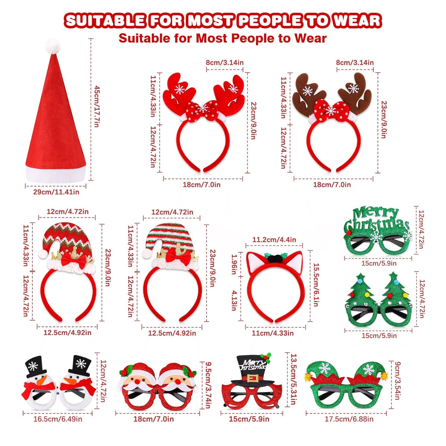 18 Pcs Christmas Glasses Glitter Headbands Hats Set, Hair Hoop Eyewear Eyeglasses Frame Santa Hat Photo Props For Christmas Party Favors Holiday Photos Booth