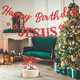 Happy Birthday Jesus Banner Red Glitter And Happy Birthday Jesus Cake Topper, Christmas Birthday Banner For Christian Christmas Jesus’S Birthday Party Decorations