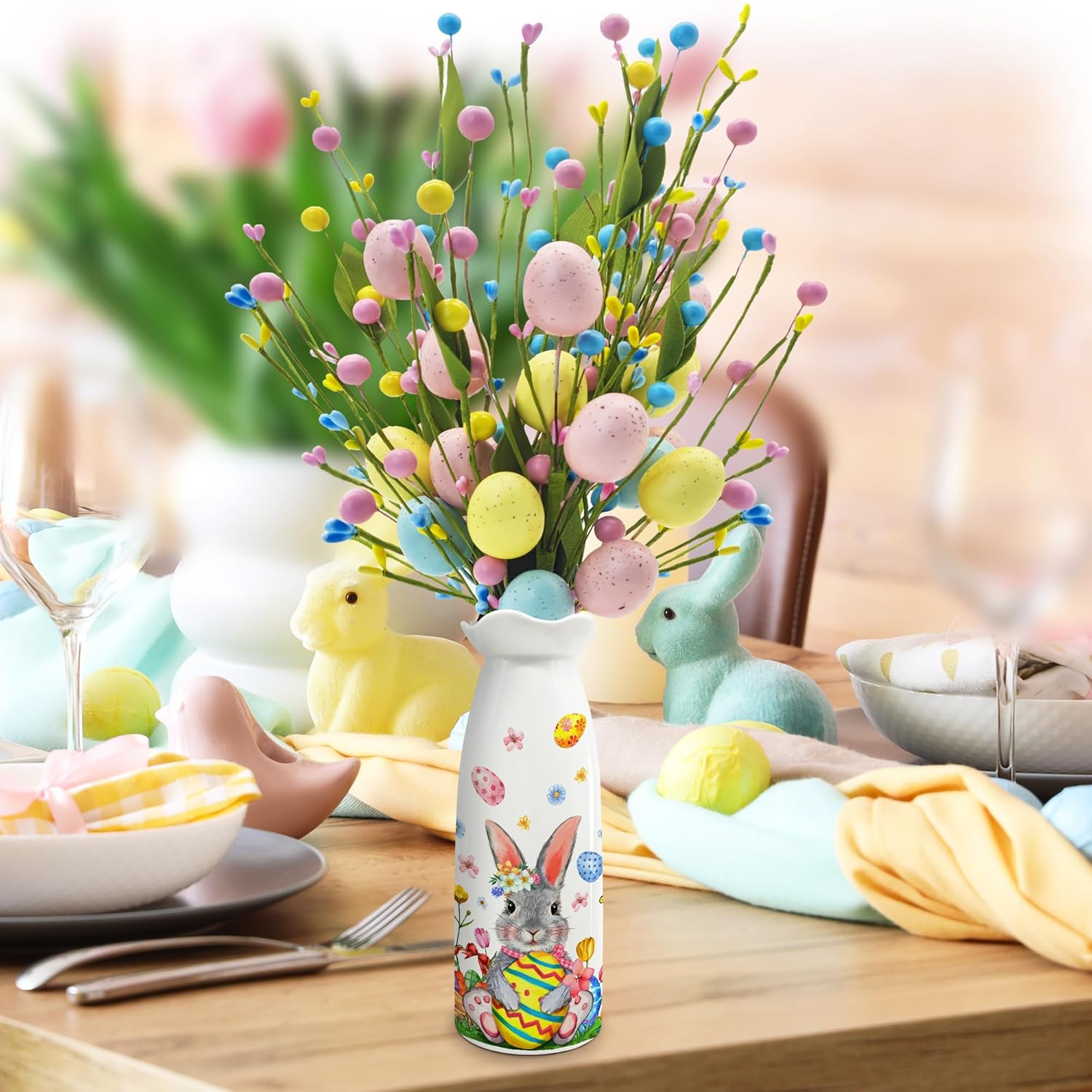 Easter Decor, Easter Artificial Flowers 3 Pcs With Vase, Bunny Table Decorations, Spring Tabletop Centerpiece For Home, Living Room, Dining Table, Eggs Spring Flowers Gifts For Women