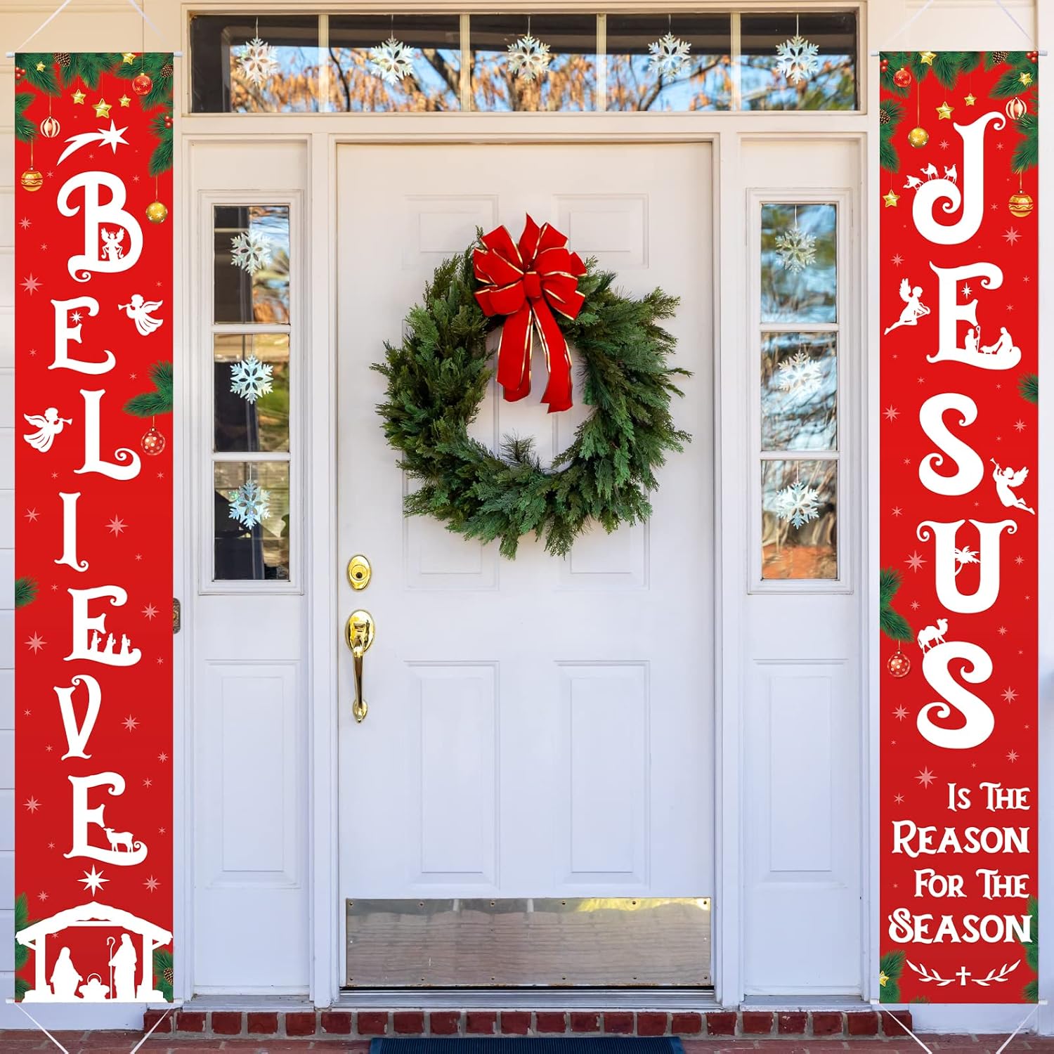 Christmas Front Porch Banners Religious Nativity Scene Sign New Year Hanging Banner Believe Jesus Is The Reason For The Season Xmas Decor For Front Door Winter Holiday Wall Decor, 12 X 71 Inch