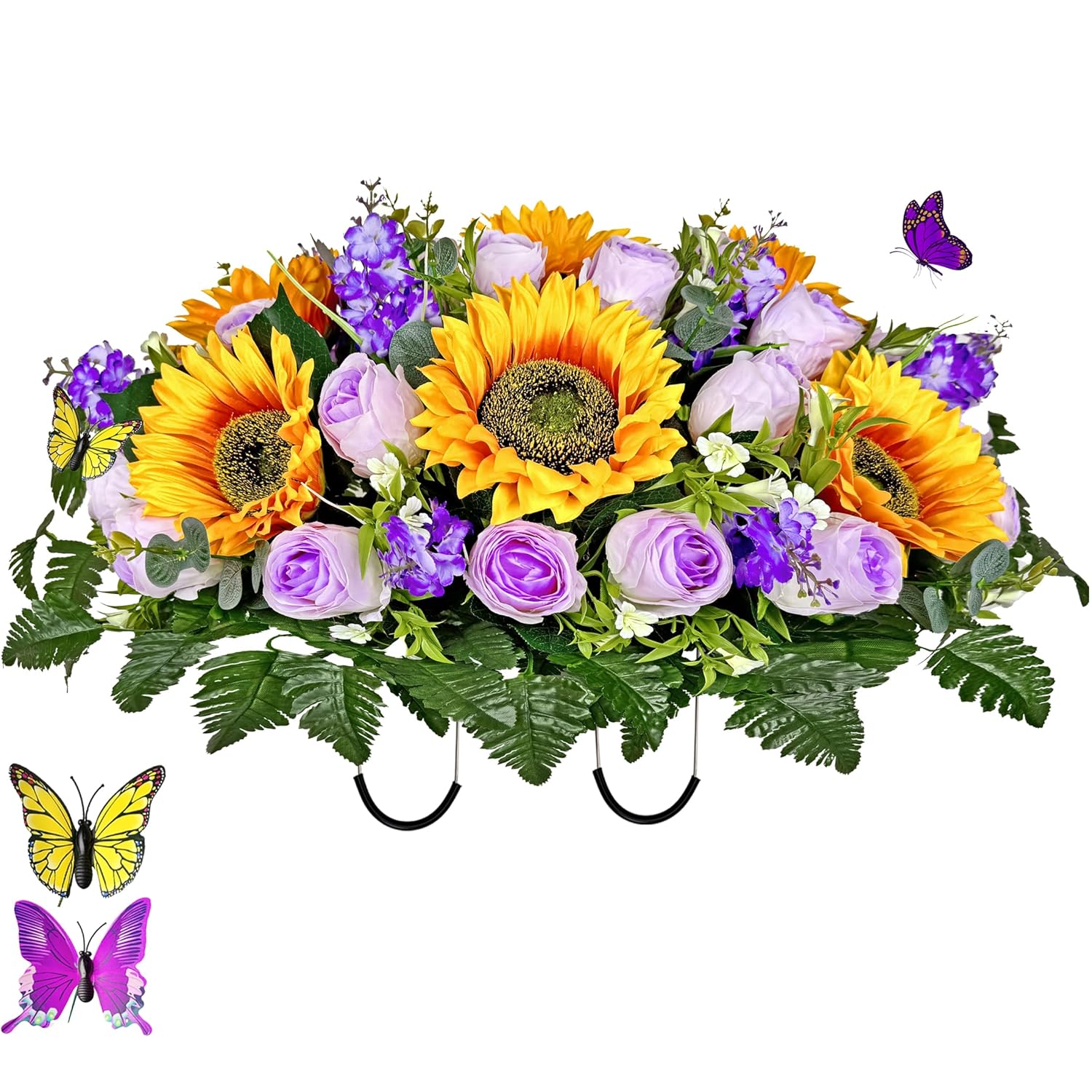 Artificial Cemetery Flowers Saddle - Memorial Flowers Bouquet - Outdoor Grave Decorations,Sympathy Flower - Rose Sunflower Hyacinth