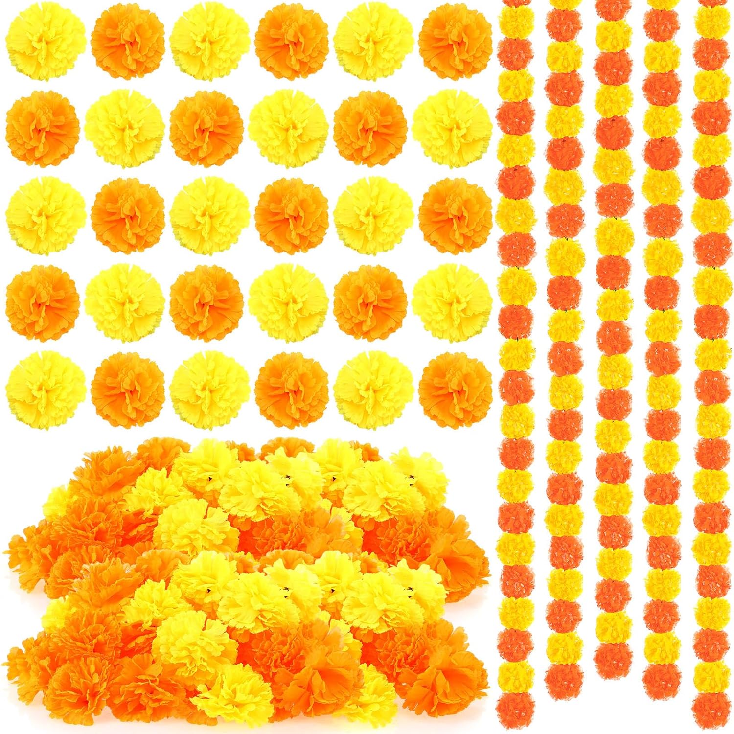 65 Pcs Day Of The Dead Decorations 5 Pcs 5 Ft Artificial Marigold Garland 60 Faux Marigold Flower Heads Plastic Indian Garland Silk Indian Flowers For Dia De Los Muertos Diwali Orange