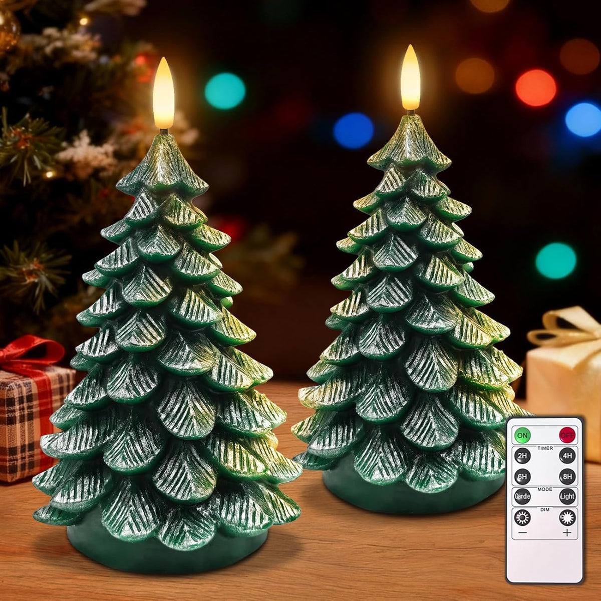 Christmas Tree Flameless Candles,10-Key Remote And Timer, Real Wax Battery Operated 3D Wick Led Flickering Candles Realistic Christmas Tree For Christmas Holiday Indoor Dinner Decor, 2 Packs