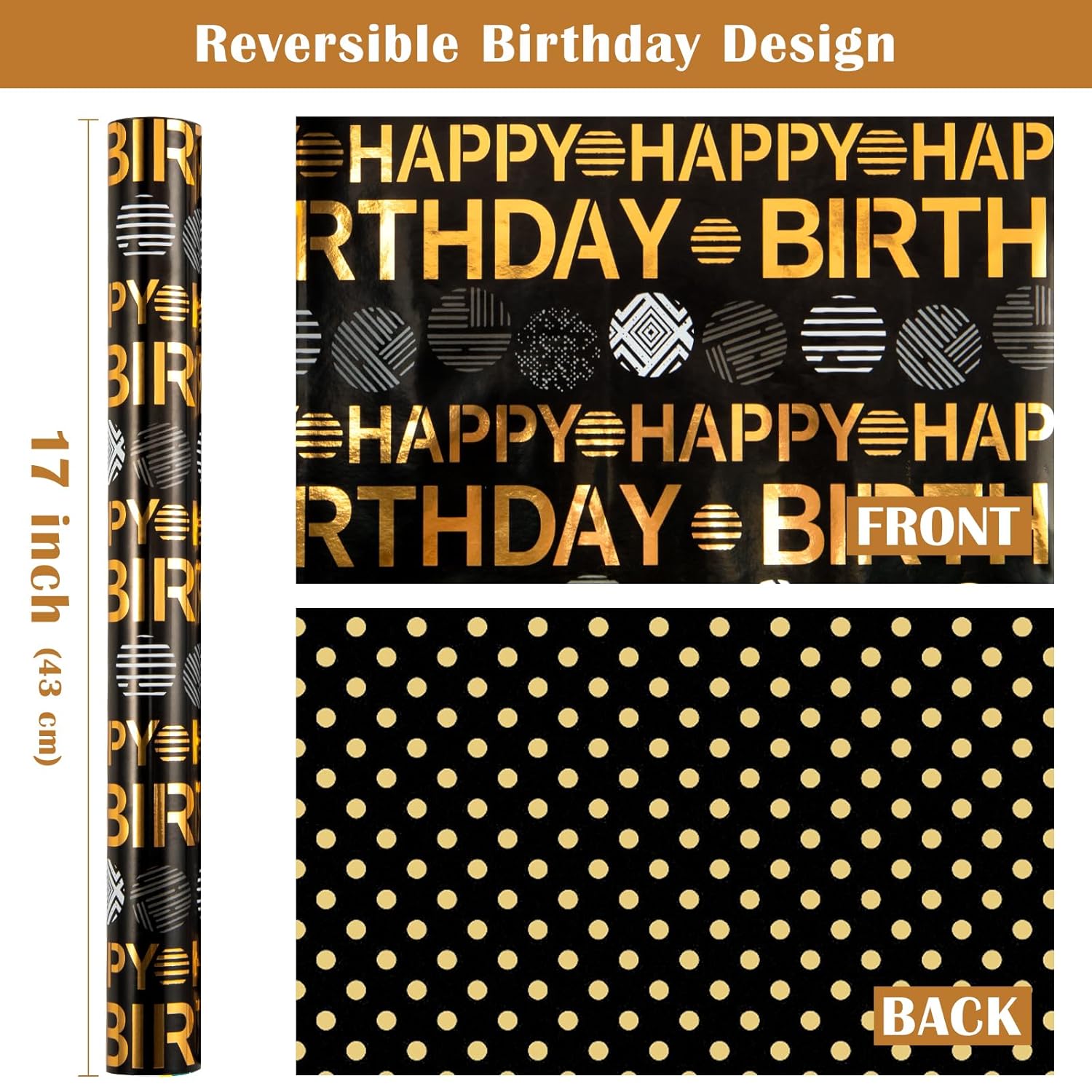 Reversible Birthday Wrapping Paper Roll - Mini Roll - 17 Inch X 16.5 Feet - Black Gold Happy Birthday Wrapping Paper Perfect For Adults Kids Girls Boys, Baby Shower