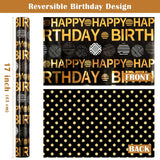 Reversible Birthday Wrapping Paper Roll - Mini Roll - 17 Inch X 16.5 Feet - Black Gold Happy Birthday Wrapping Paper Perfect For Adults Kids Girls Boys, Baby Shower