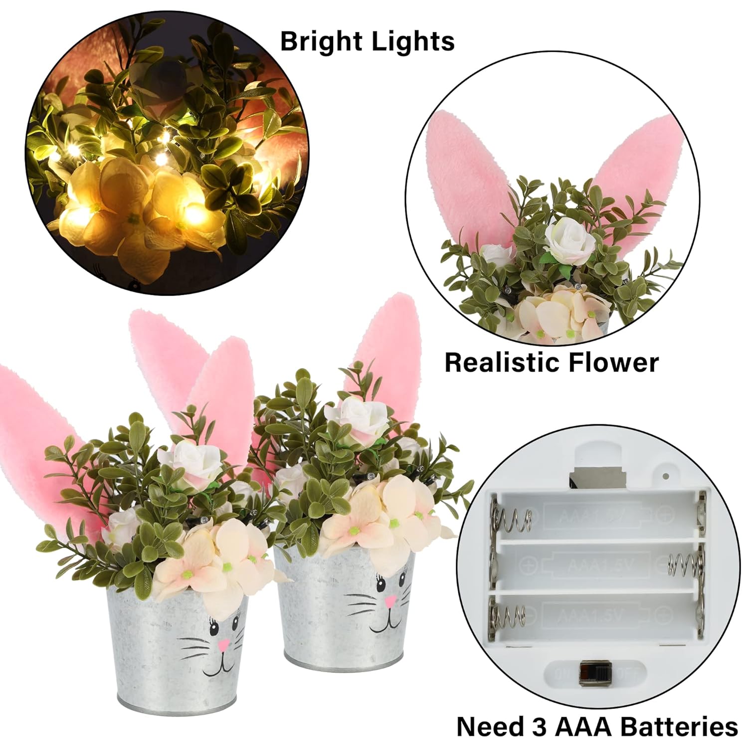 2 Pcs Easter Table Decorations Artificial Flower With Bunny Ear, Lighted Easter Desk Decor Bunny Flowers, Easter Tabletop Decorations For Home Table Mantle Office Spring Party