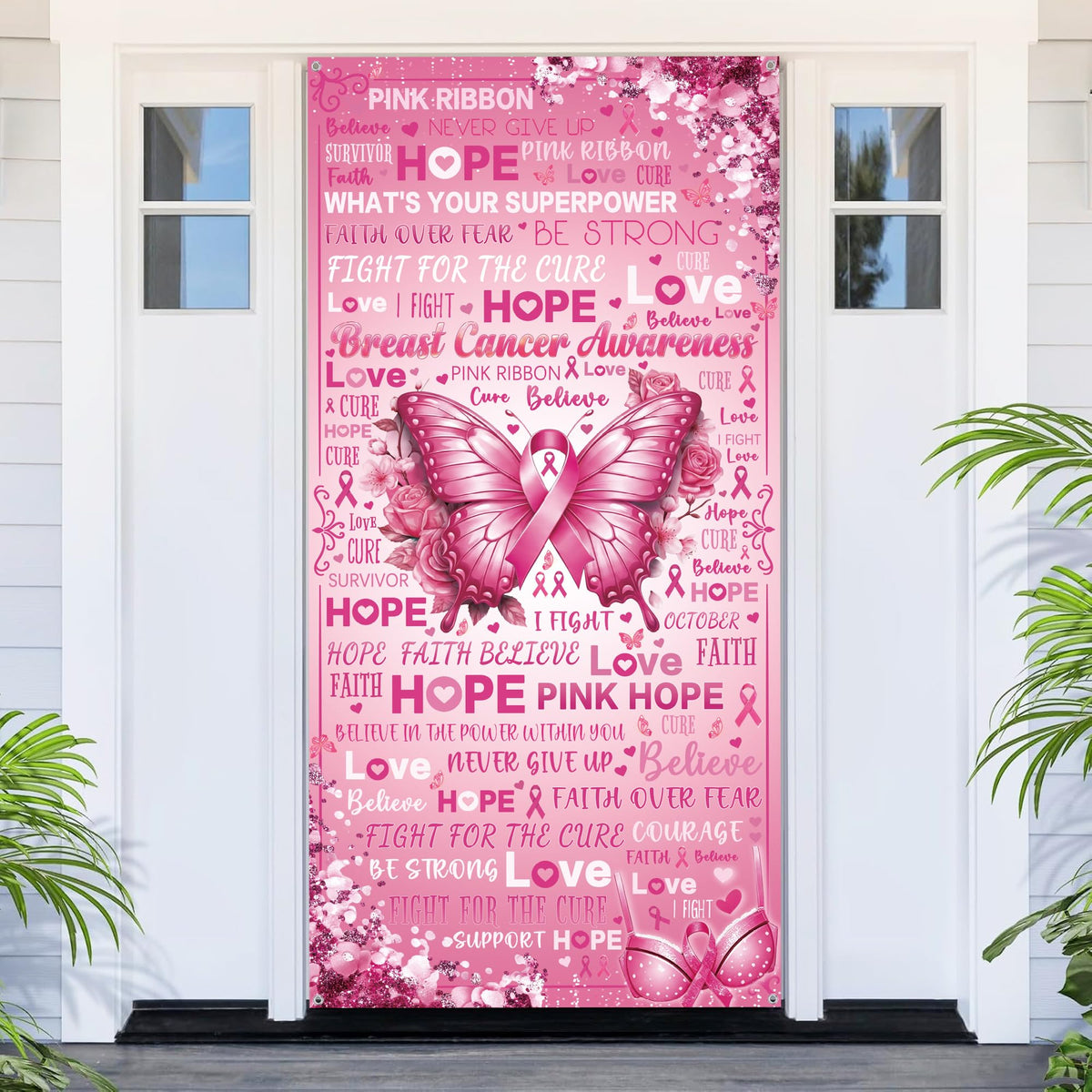 Breast Cancer Awareness Door Banner Butterfly Pink Ribbon Hope Love Decor
