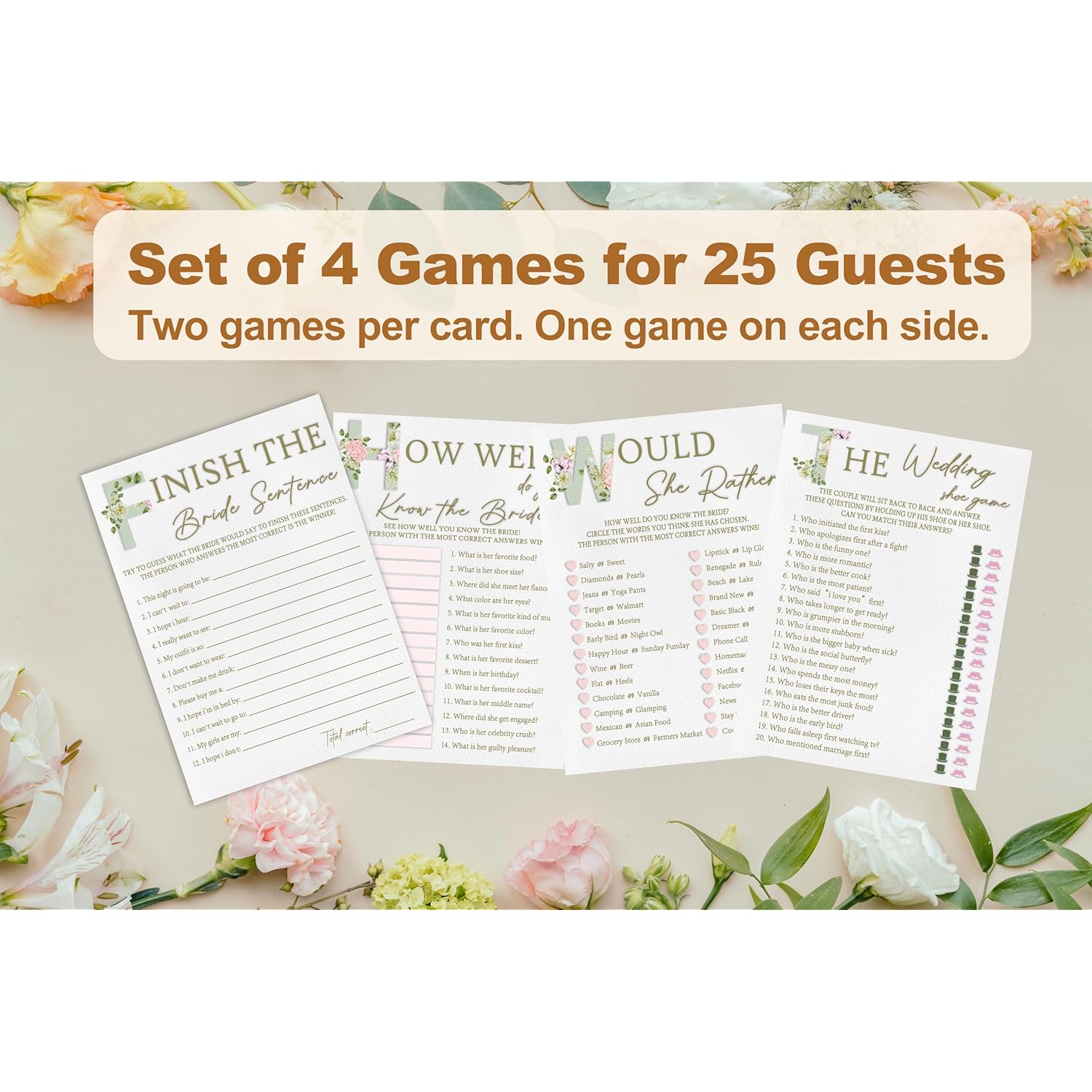Bridal Shower Games Set– 50 Pack, Green Leaf Floral Wedding Party Games Cards, 4 Game Designs, Newlyweds Party Decoration, Engagement Party Games Supplies, Bachelorette Party Ideas -04