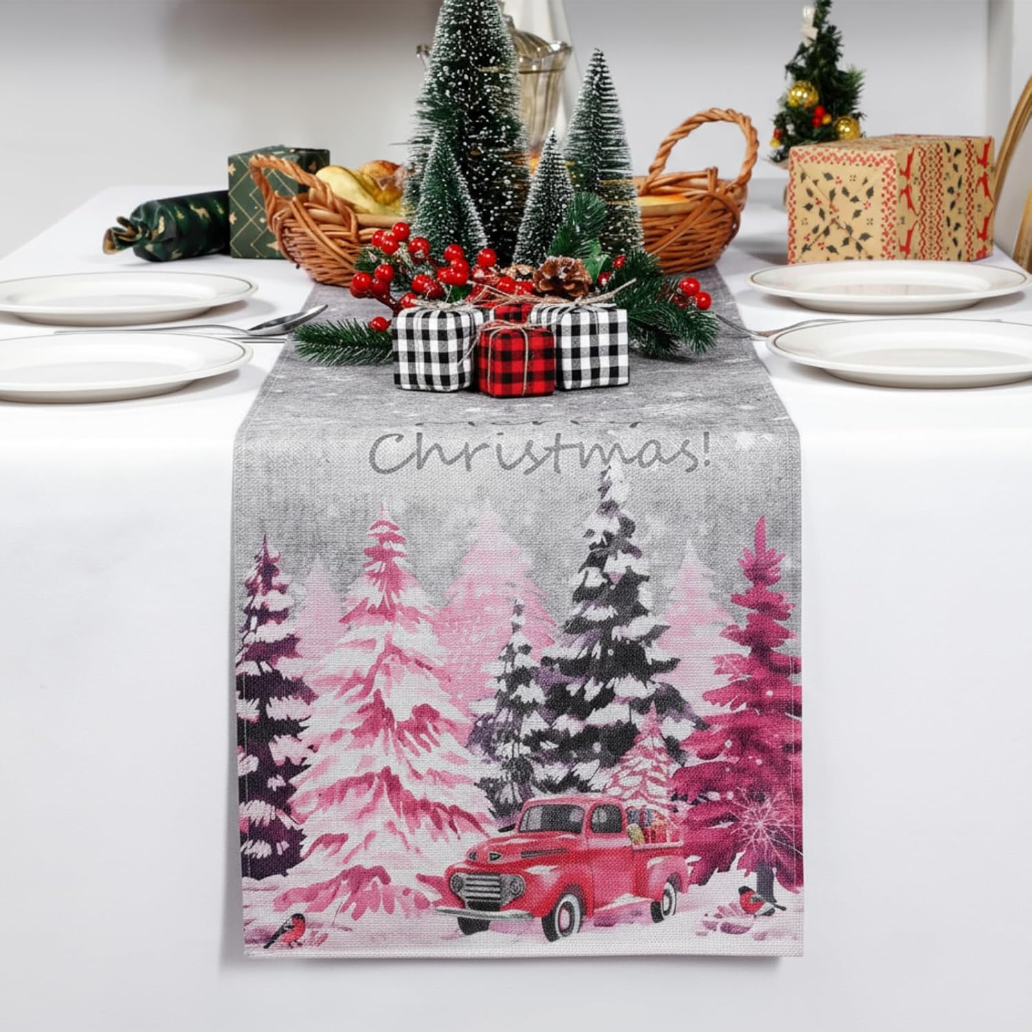 Christmas Tree Table Runner Snowflake Red Truck Table Runner Merry Xmas Farmhouse Winter Holiday Kitchen Dining Decoration For Indoor Outdoor Home Party Decor, 13 X 72 Inch, Pink