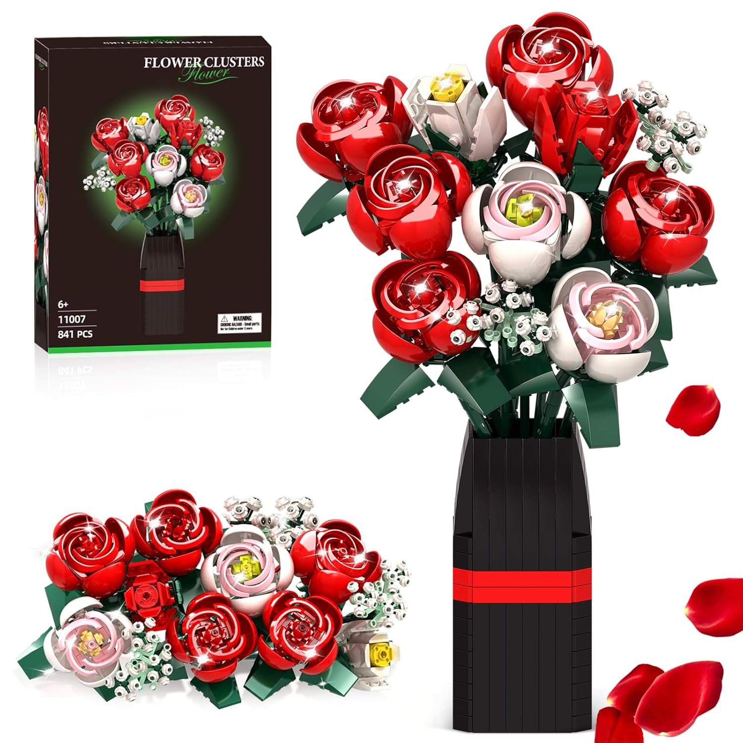 Roses Flowers Bouquet Building Set For Adults With Vase, Red Rose Artificial Flower Botanical Collection Plant Toy Kit, For Her Women Wife Mom, Home Decor(841Pcs)