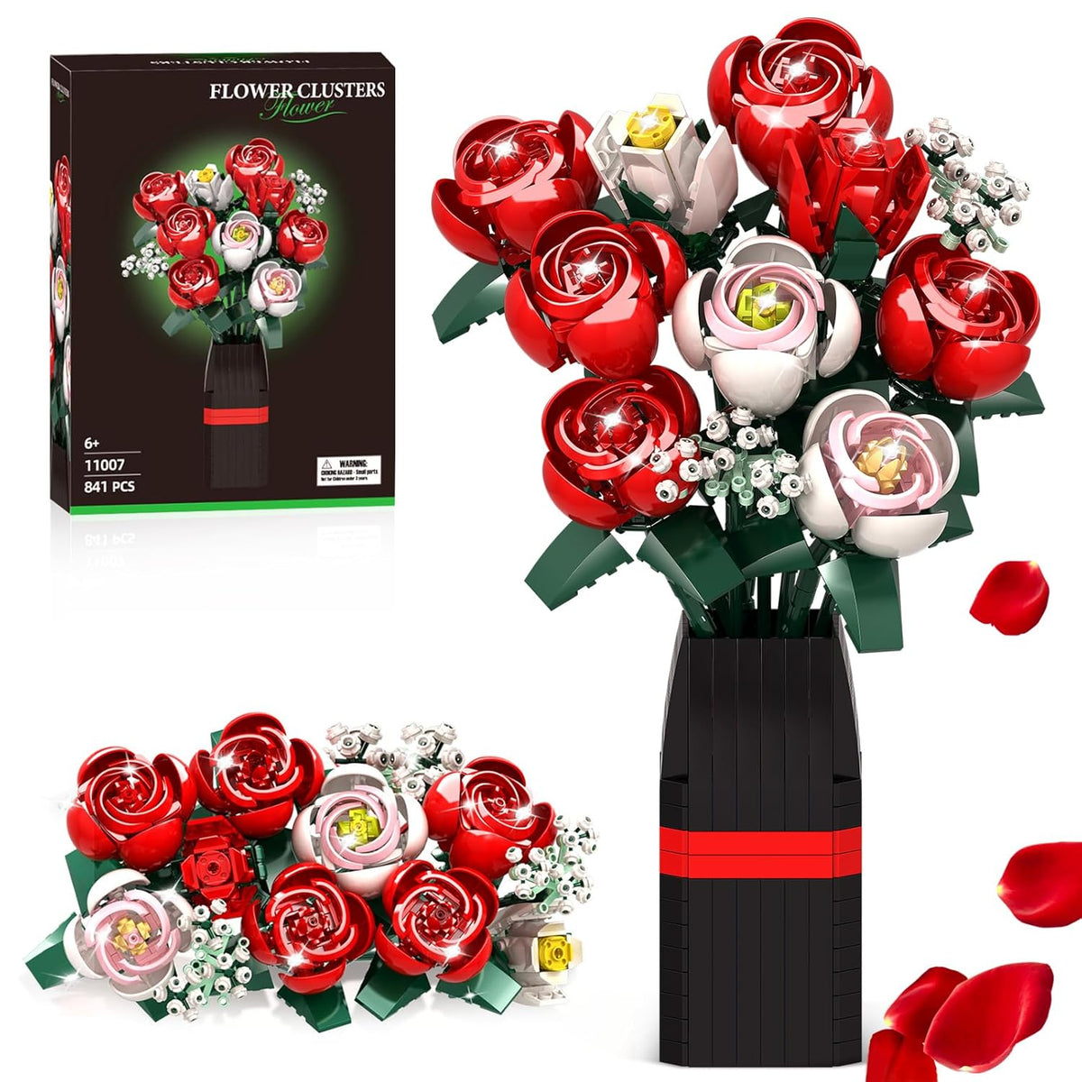 Roses Flowers Bouquet Building Set For Adults With Vase, Red Rose Artificial Flower Botanical Collection Plant Toy Kit, For Her Women Wife Mom, Home Decor(841Pcs)