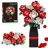 Roses Flowers Bouquet Building Set For Adults With Vase, Red Rose Artificial Flower Botanical Collection Plant Toy Kit, For Her Women Wife Mom, Home Decor(841Pcs)