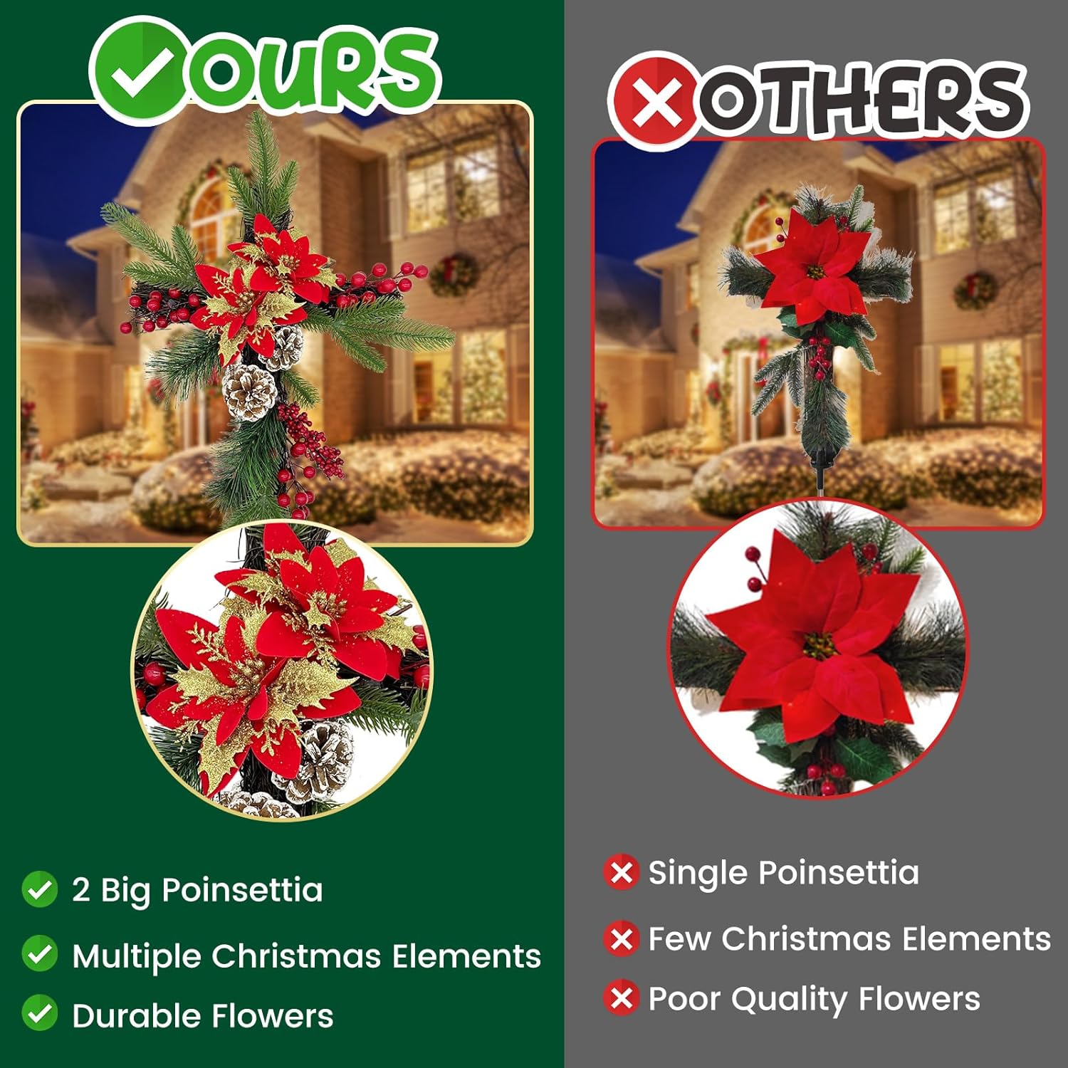 Christmas Cemetery Decorations For Grave 2 Pack Glitter Cemetery Flowers Cross Memorial Poinsettia Cross Stake Christmas Headstone Decor