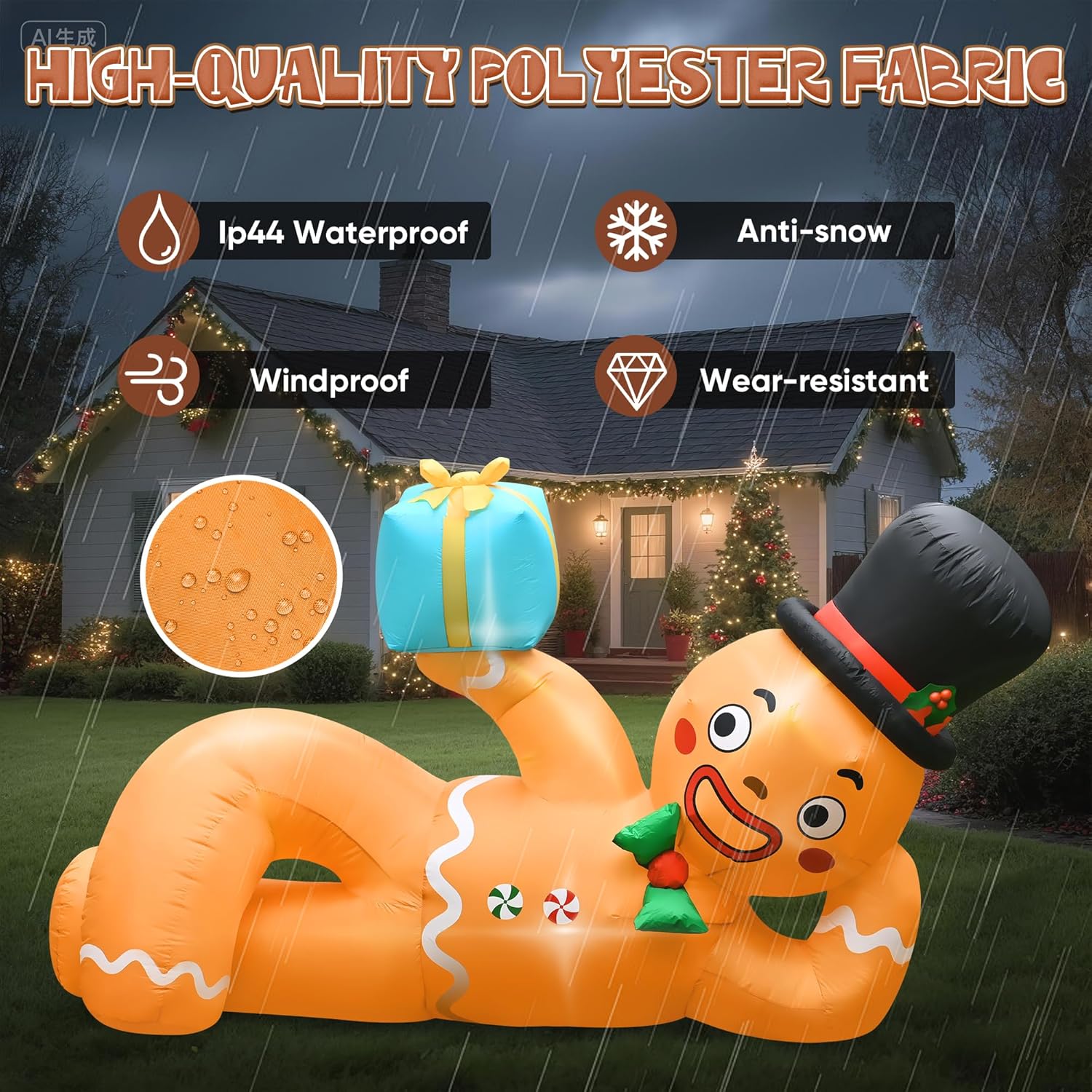 10 Ft Christmas Inflatables Gingerbread Man, Christmas Blow Up Yard Decorations With Built-In Leds, Lying Gingerbread In