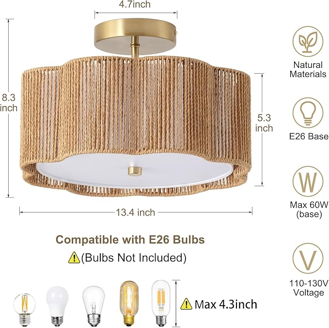 3 Light Boho Rattan Ceiling Light Flush Mount Modern Woven Chandelier Fixture