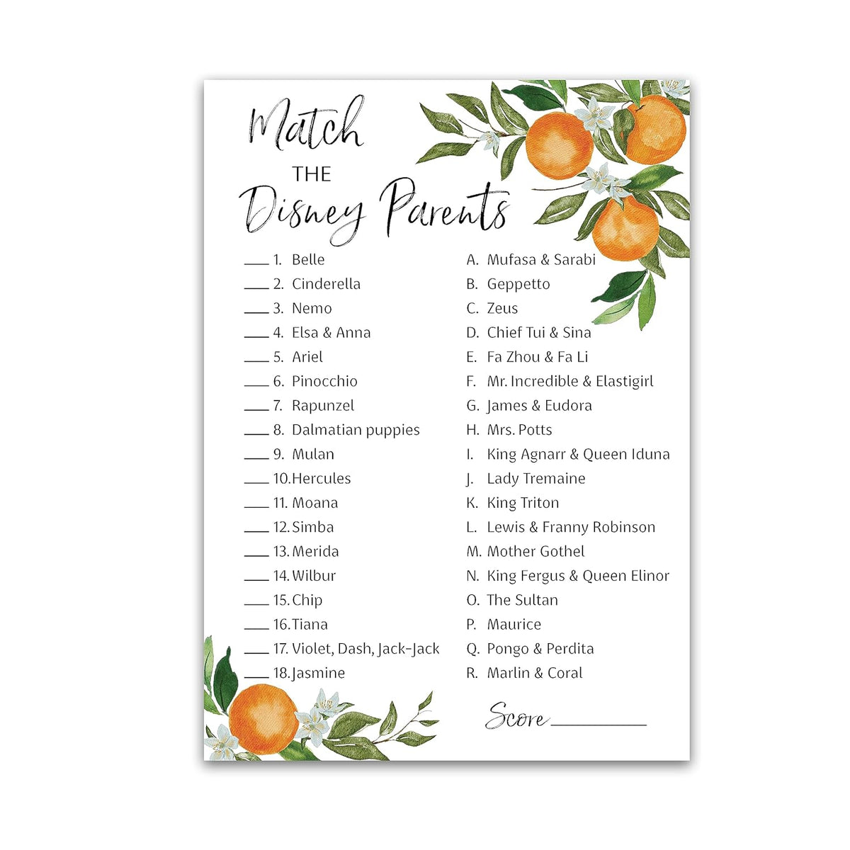 A Little Cutie Theme Match Cartoon Parents Baby Shower Games — Pack Of 25 — Citrus Orange Baby Shower Game, Match Famous Cartoon Parents Fun Co-Ed Shower Activity, Star Kids Match Game G350-Dpm
