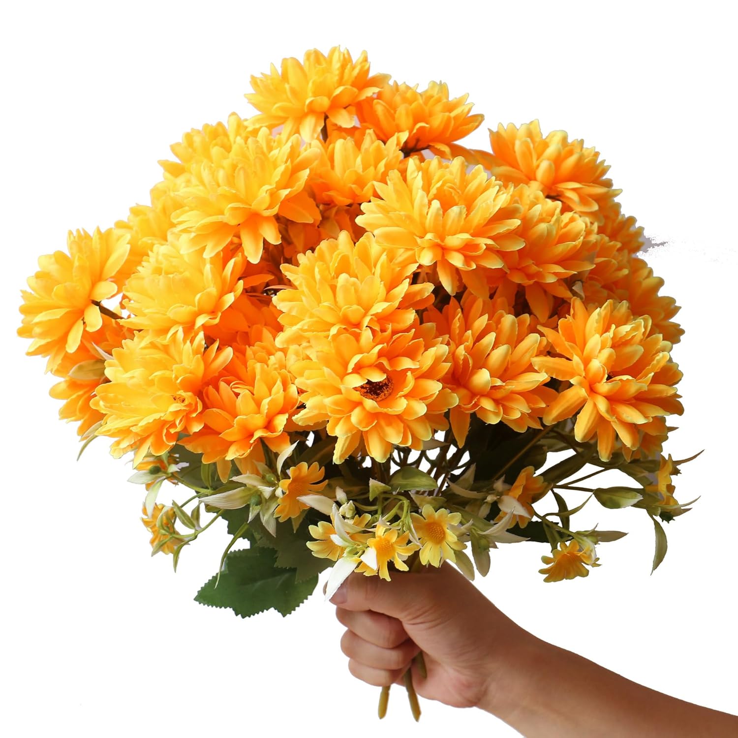 6 Pack Artificial Marigold Silk Flowers Bouquet, Orange Yellow Fake Mums Chrysanthemums, 30 Heads Faux Marigolds For Wedding Indoor Outdoor Vase Table Porch Home Halloween