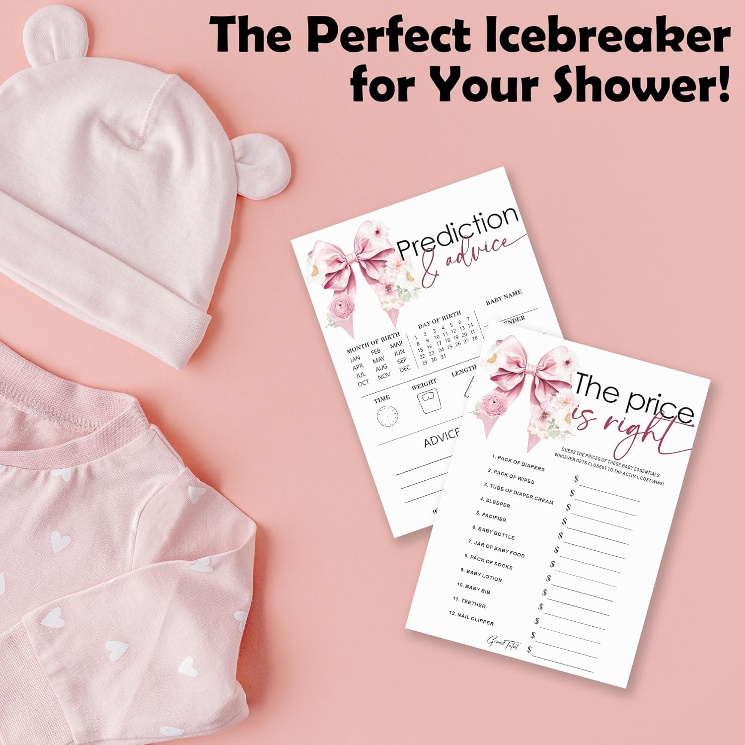 The Price Is Right & Predictions Advice Theme Baby Shower Game Activities-30 Pink Bow & Flowers Double-Sided Game Cards(5’’X7 ’’) For Boys & Girls-Gender Natural Decorations & Supplies-A05