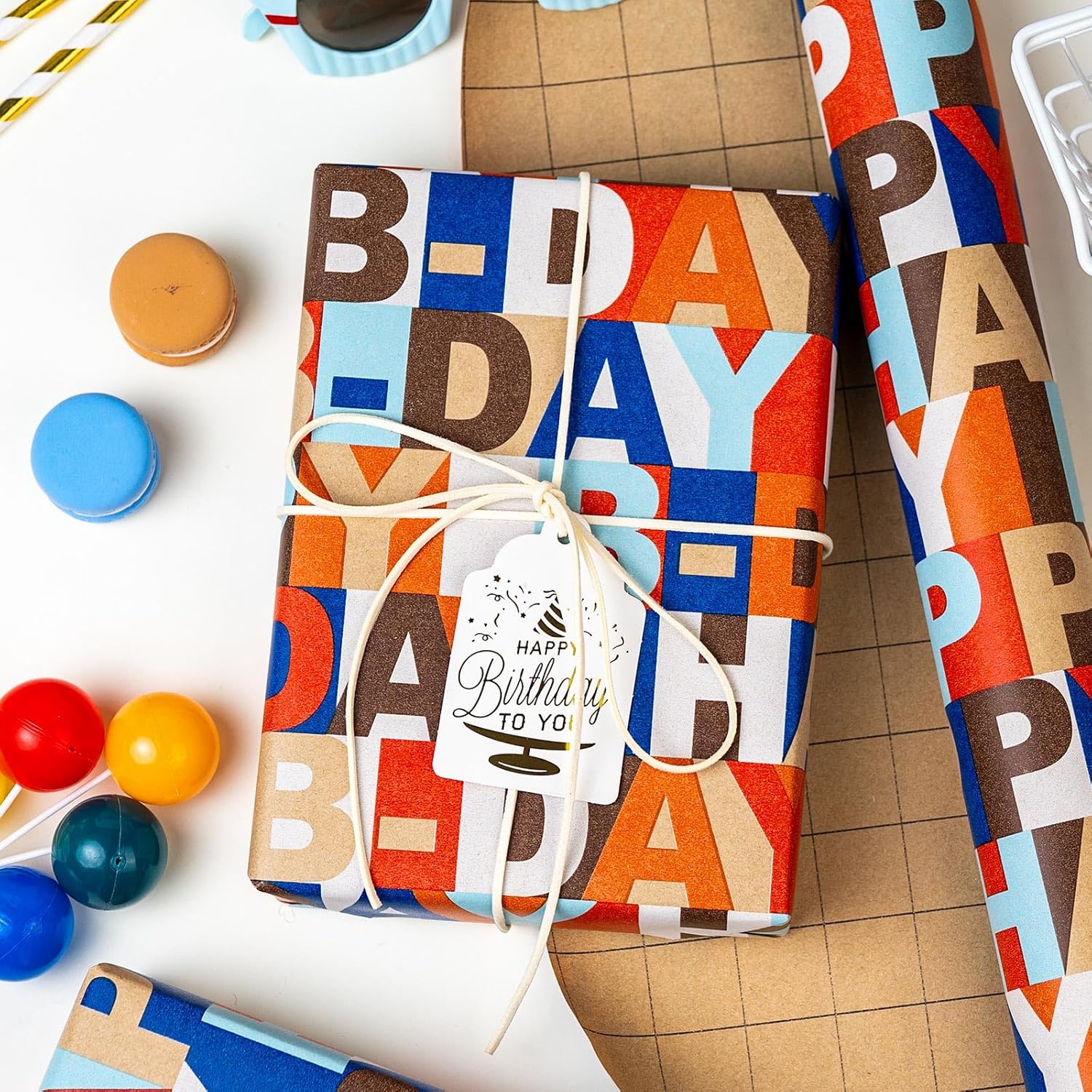 Happy Birthday Wrapping Paper Roll, Colorful Kraft Birthday Gift Wrap For Men Boys Girls Women 17 In X 16.5 Ft