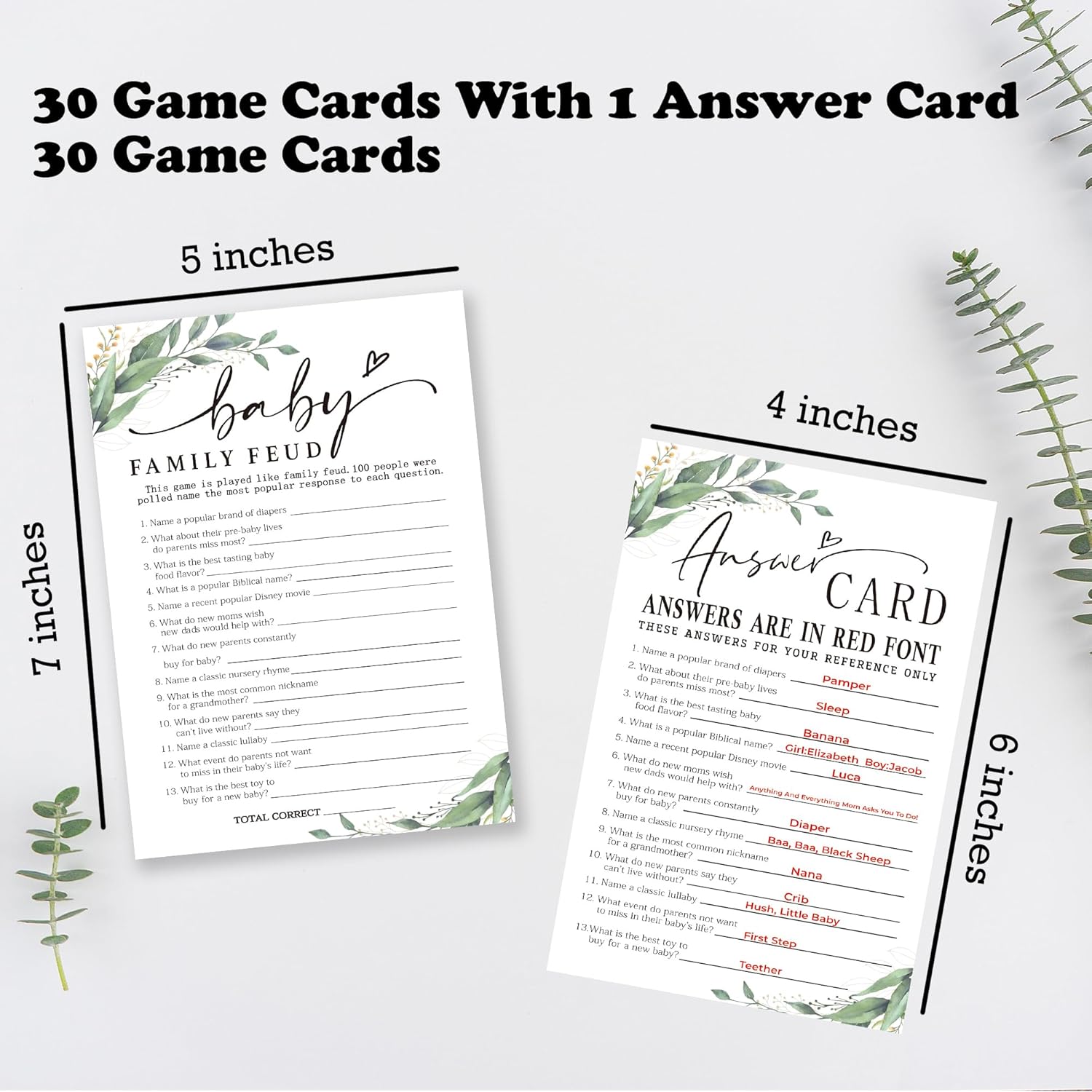 Baby Family Feud Baby Shower Game, 30 Greenery And White Game Cards For Girl Boy With 1 Answer Card, Gender Reveal Games, Baby Announcement,Party Favor & Supplies-B12