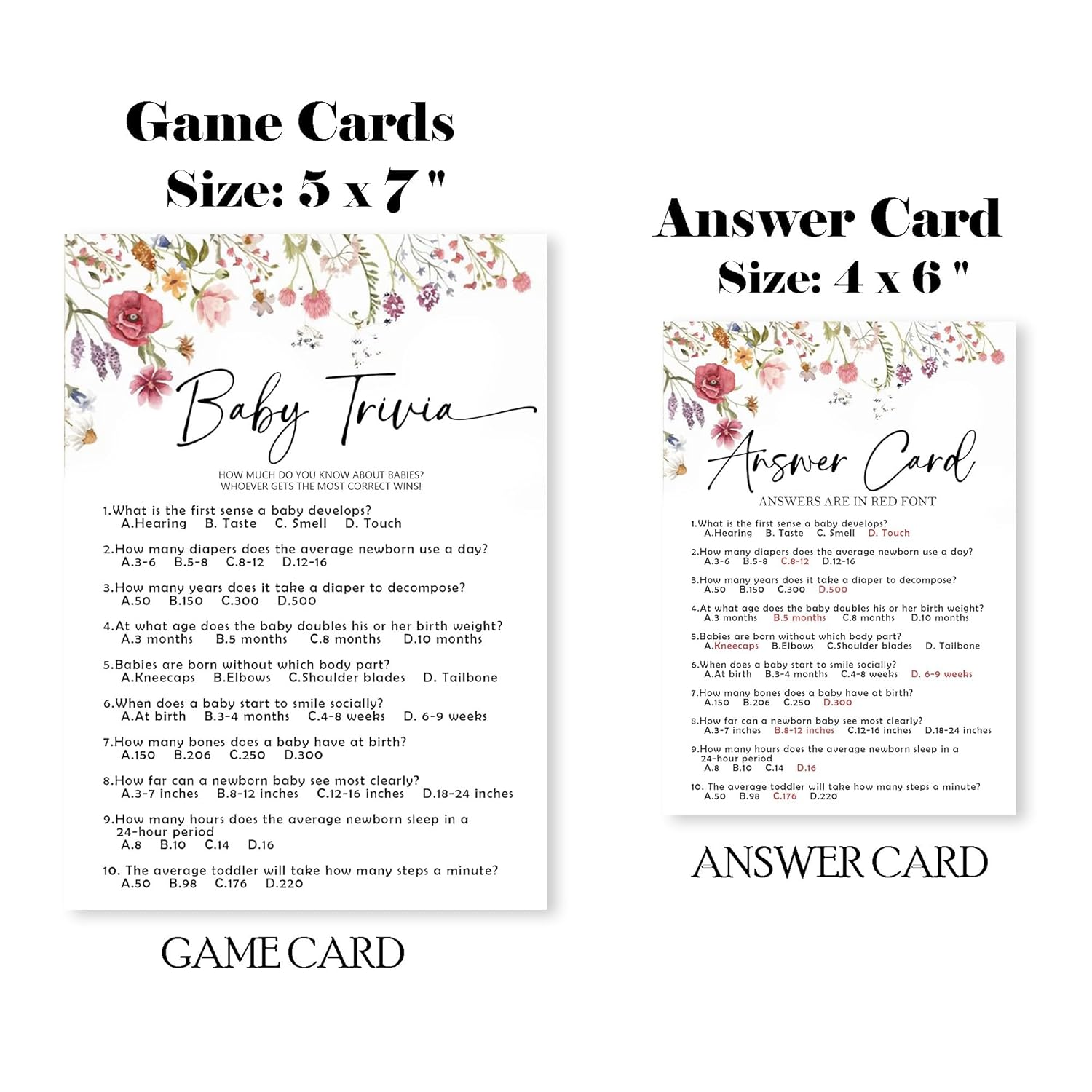 Floral Fill In Baby Shower Game Cards - Baby Trivia Game For Boys & Girls - Watercolor Flowers Baby Announcement Gender Reveal Baby Shower Party Activities For New Parents To Be - B11