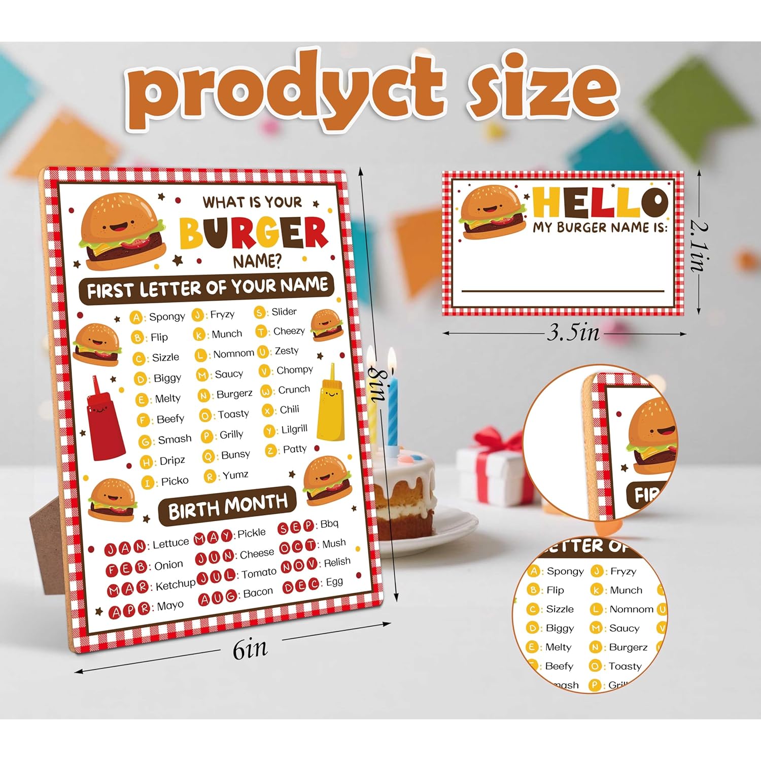What Is Your Burger Name Game,30 Stickers, Burger Party Decor, Perfect For Birthday Party Activities 6×8 Wooden Play Sign With Stand