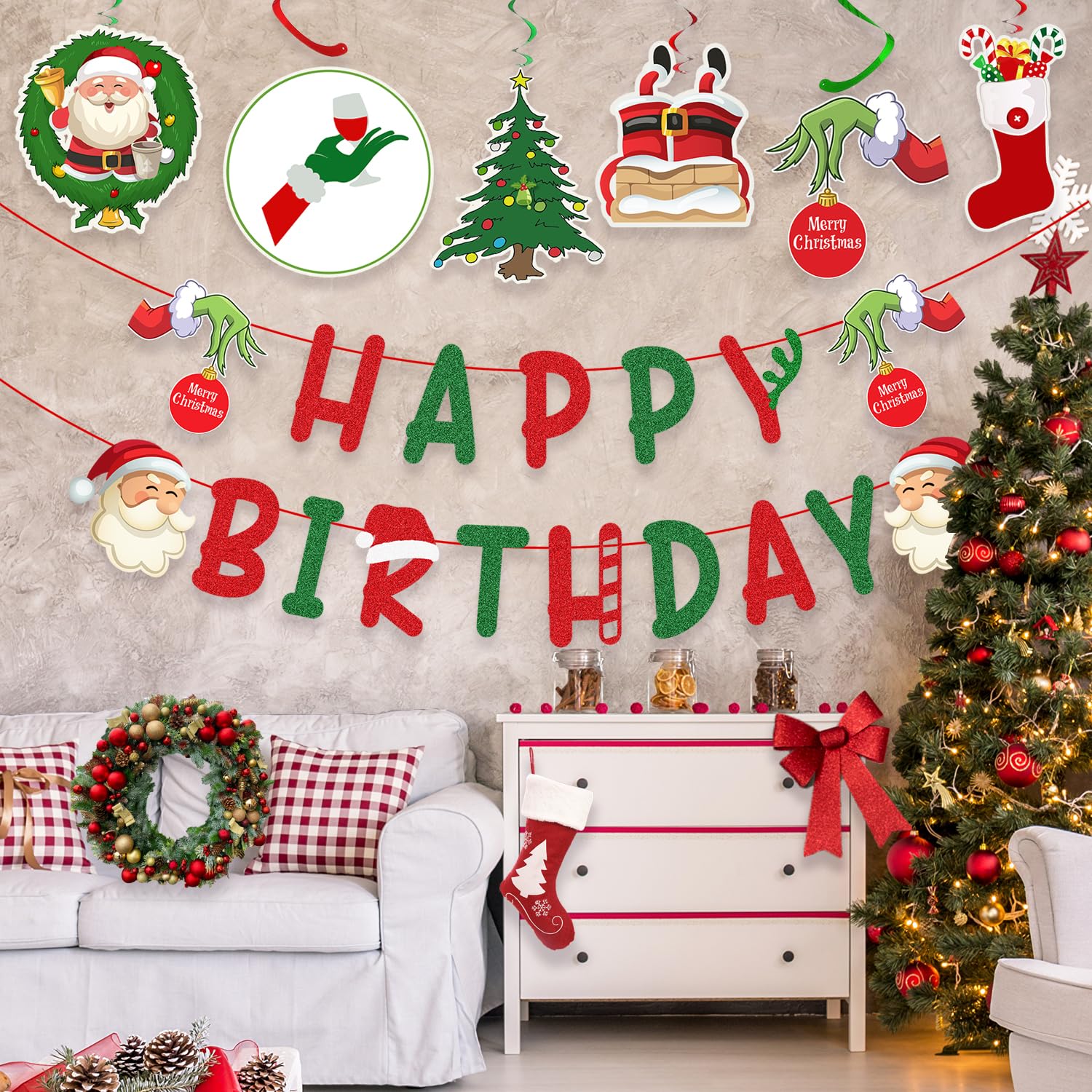 Christmas Birthday Party Decorations – Glittery Happy Birthday Banner, Christmas Hanging Swirls With Christmas Ornaments For Christmas Decorations, Christmas Birthday Decorations