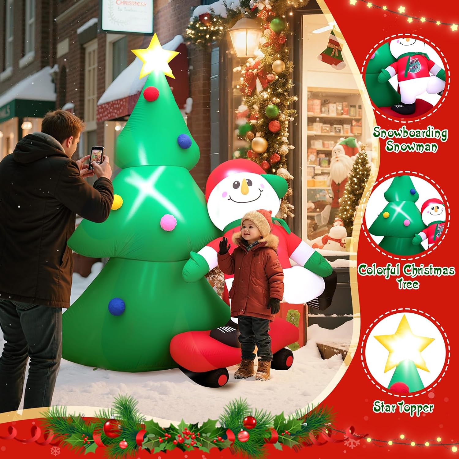 7 Ft Christmas Inflatable Snowboarding Snowman With Tree, Outdoor Yard Decoration With Built-In Led Lights, Blow Up Xmas