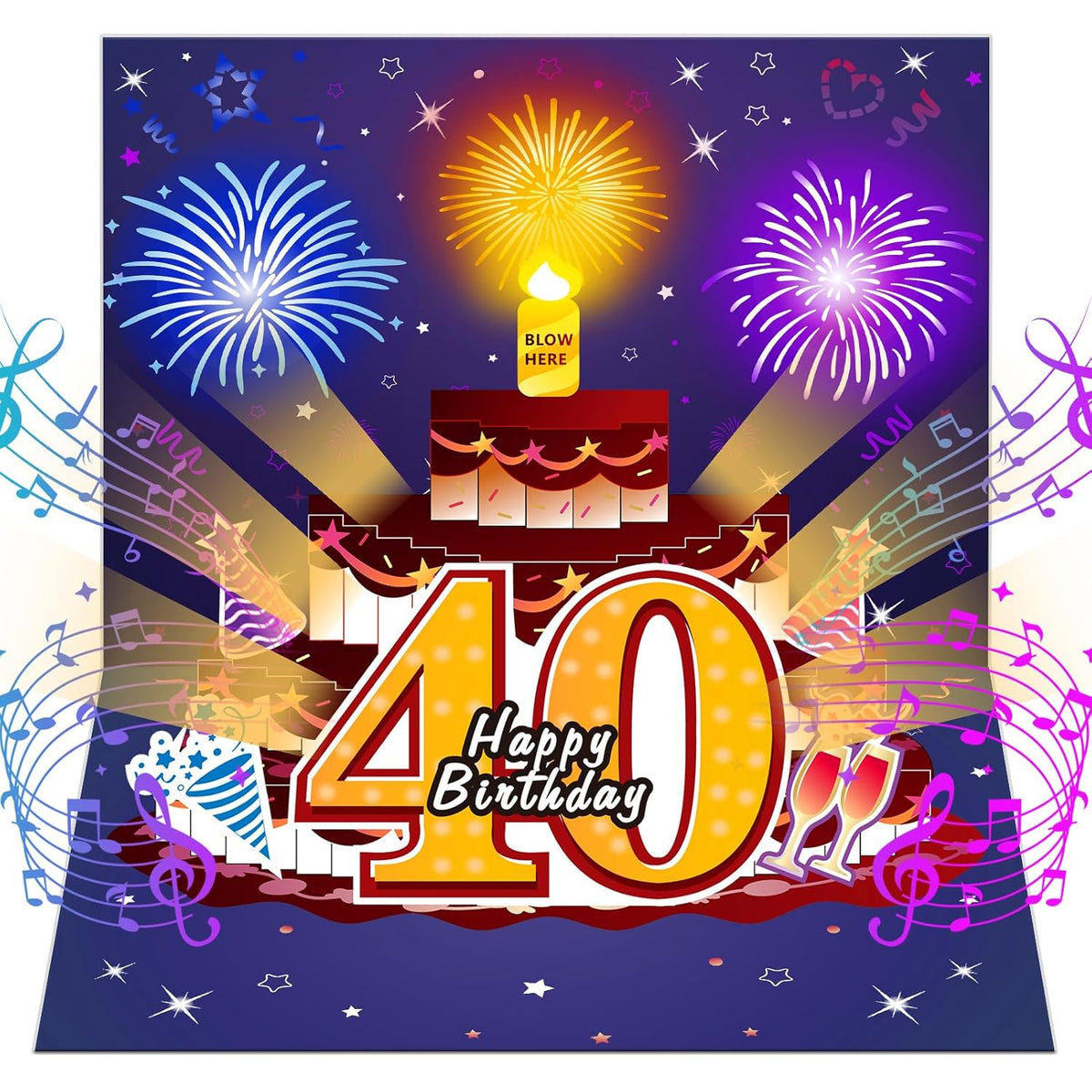 40Th Birthday Cards Pop Up 3D Cake - Fireworks Lights & Music & Blowable Candle Card Funny Happy 40Th Birthday Card Gifts For Women, Men, Mom, Grandma, Wife, Sister, Friend