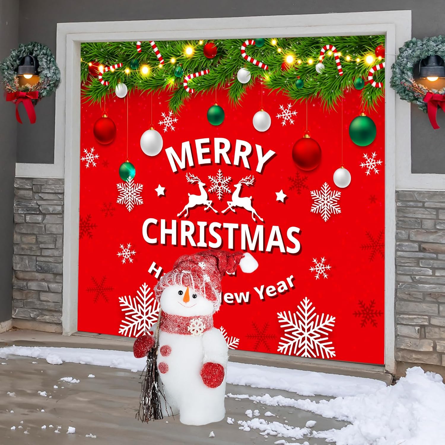 Christmas Garage Door Cover Mural 7X8 Ft - Red Xmas Banner Decorations Outside For Car Garage - Merry Christmas Holiday Banner