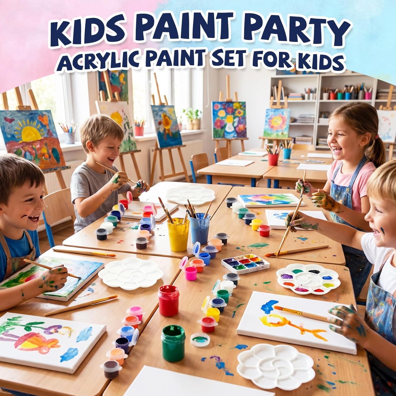 Acrylic Paint Set For Kids, 12 Colors Washable Paints With 5 Drawing Trays&10 Wooden Paintbrushes, Mini Watercolor Paint Kit For Adults, Valentine Easter Christmas Art Craft Kit Gifts, 5 Set