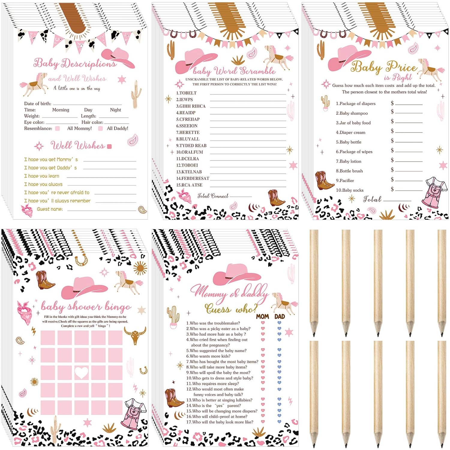 145 Pcs Baby Shower Games Supplies 5 Sets Game Activities Cards With 20 Pencils Include Baby Shower, Description And Well Wishes, Word Scramble(Cowgirl Style)
