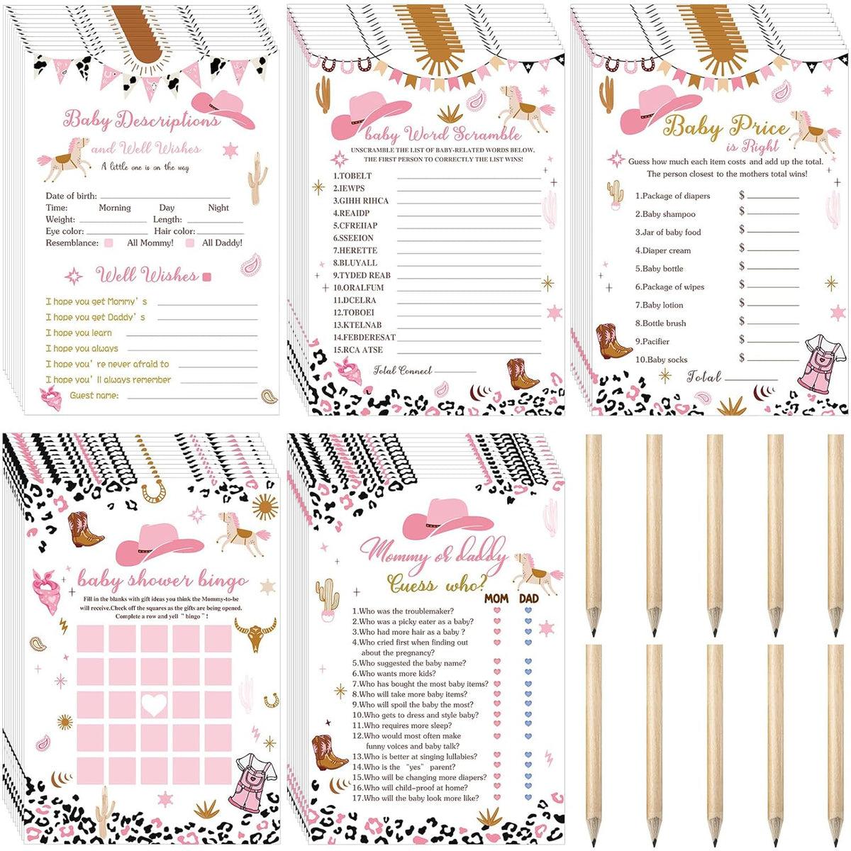 145 Pcs Baby Shower Games Supplies 5 Sets Game Activities Cards With 20 Pencils Include Baby Shower, Description And Well Wishes, Word Scramble(Cowgirl Style)