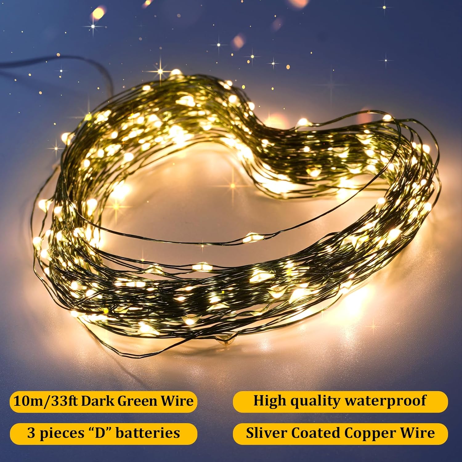 Timer Battery Twinkle Mini Fairy Lights, 1 Pack 200 Led 33Ft Dark Green Wire,Firefly Starry Led String Lights Warm White