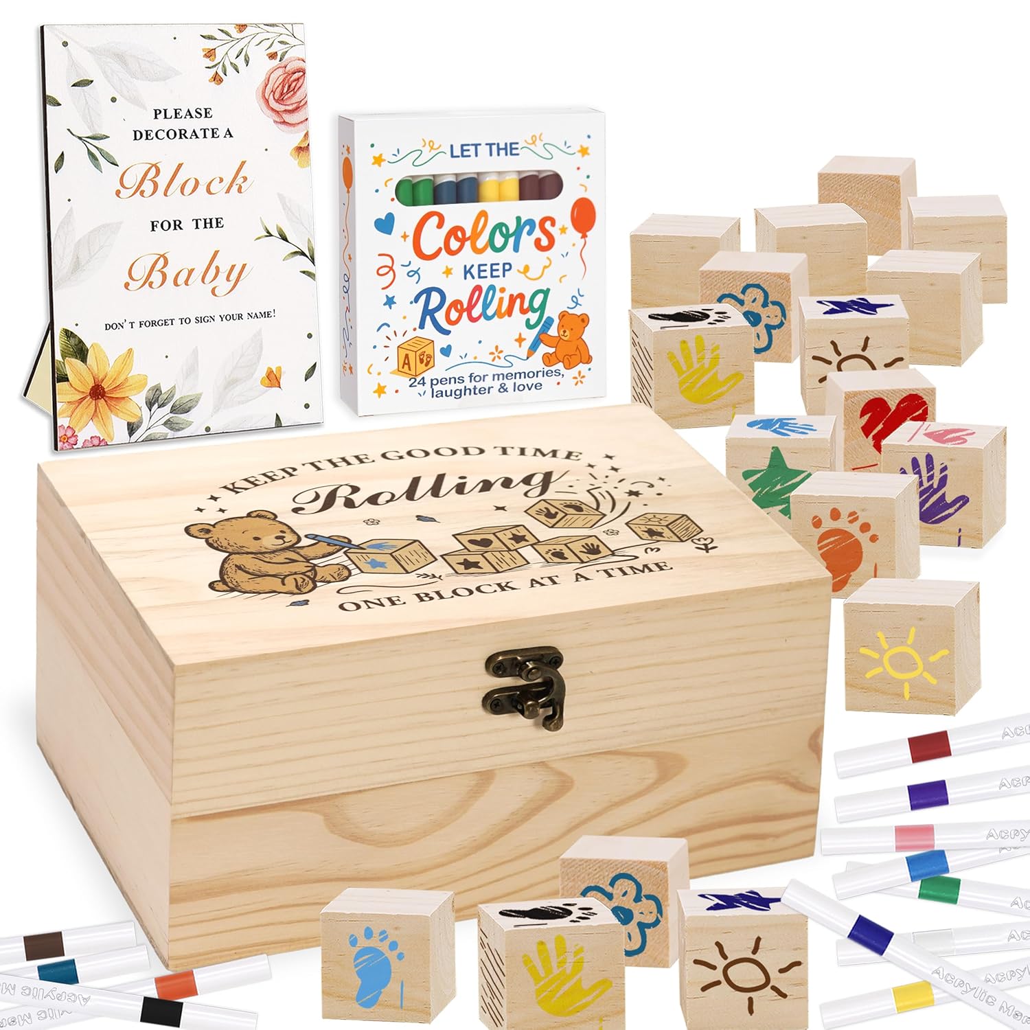 78 Pcs Baby Shower Games Sign Kit For Boys Girls, Wooden Box And Sign, Blank Wooden Blocks For Diy Drawing, Markers, Baby Shower Game For Gender Reveal Activity, Baby Shower Ideas Decorations, Bear B