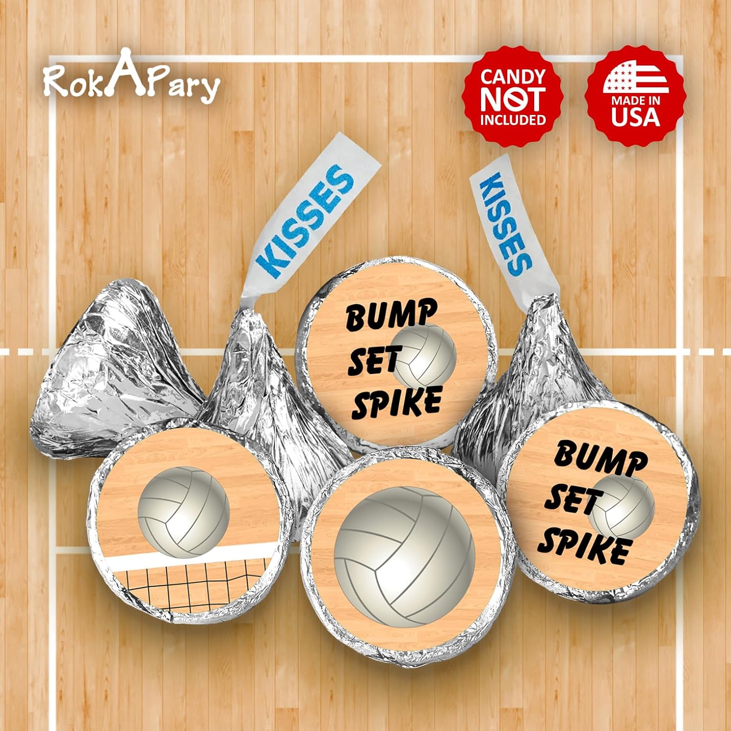 216 Sports Volleyball Kisses Stickers, Kisses Stickers For Birthday Party, Baby Shower, Wedding, Graduation, Or Any Family Event Decorations, Candy Not Included. Made In Usa
