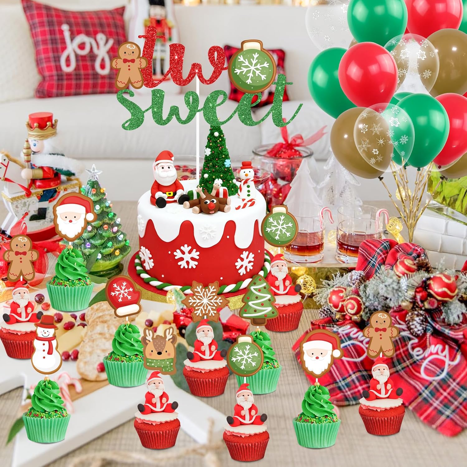 Christmas Gingerbread Man 2Nd Birthday Party Decor, Santa Claus Candy Xmas Ball Two Sweet Banner Snowman Elk Cake Topper Snowflake Latex Balloons For Second Birthday Party Supplies