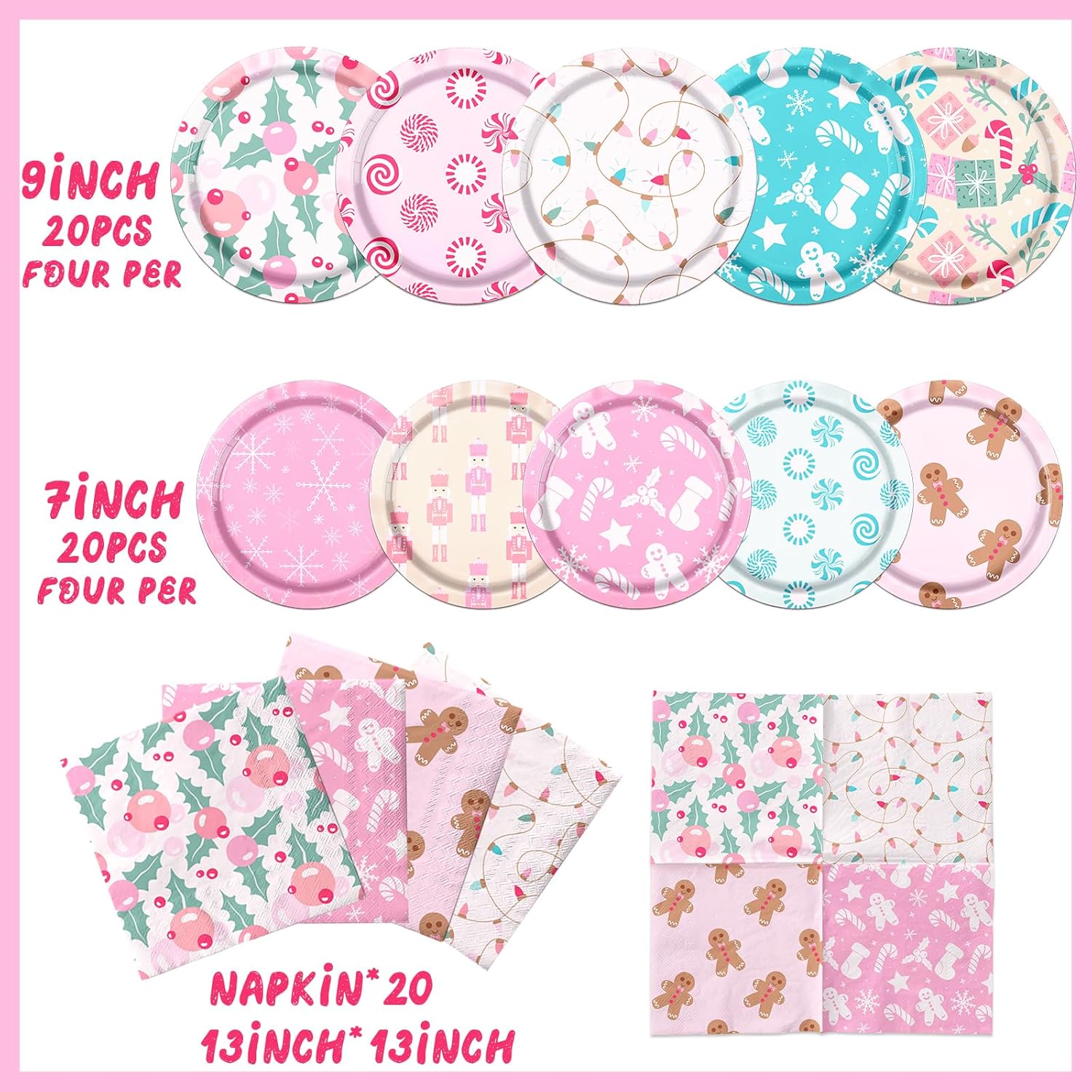 60Pcs Christmas Decorations,Pink Merry Christmas Party Tableware Paper Plate,Napkins Winter Xmas Theme Decorations For Retro Christmas Holiday,Winter Gingerbread Party Favors?20 Guest?