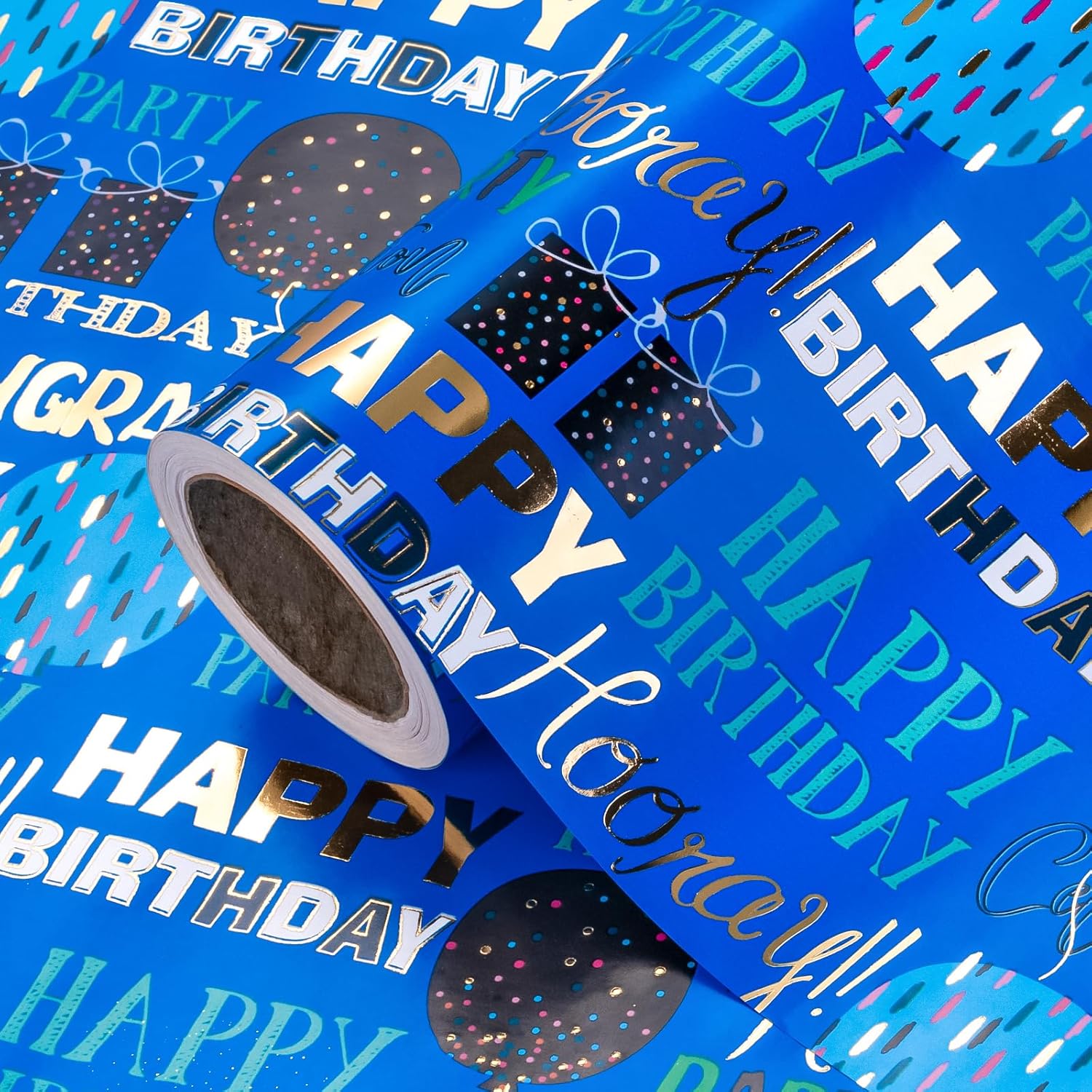 Birthday Wrapping Paper - Mini Roll - 17 Inch X 16.5 Feet - Blue Gold Foil Happy Birthday Wrapping Paper For Kids, Boys, Men, Baby Shower