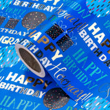 Birthday Wrapping Paper - Mini Roll - 17 Inch X 16.5 Feet - Blue Gold Foil Happy Birthday Wrapping Paper For Kids, Boys, Men, Baby Shower