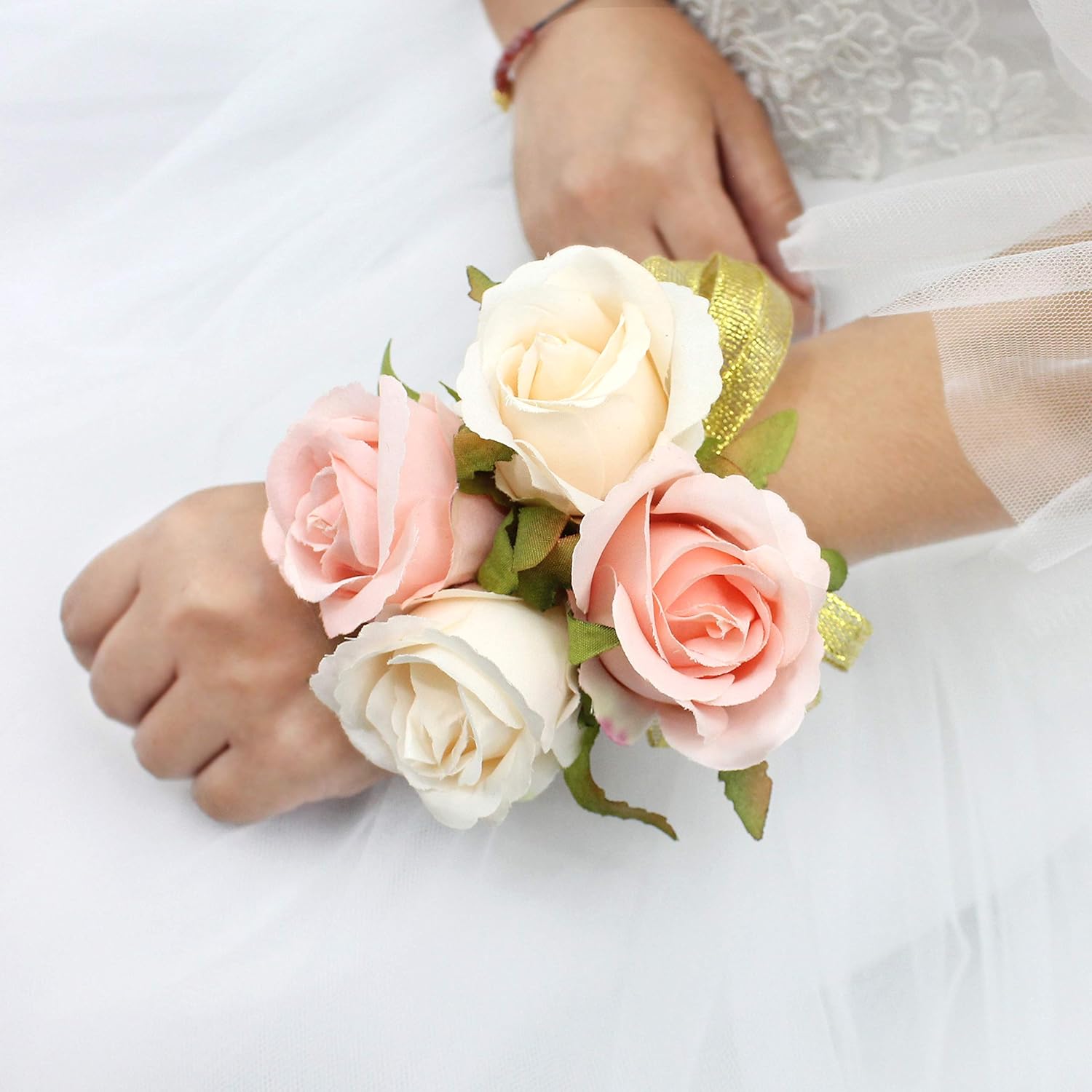 Prom Rose Corsage Boutonniere Set Real Touch Flowers For Party Ball Dancing Wedding With Lace Bow Décor (Pink+Champagne)