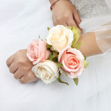 Prom Rose Corsage Boutonniere Set Real Touch Flowers For Party Ball Dancing Wedding With Lace Bow Décor (Pink+Champagne)