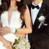 Artificial Flowers White Rose Wrist Flowers And Men'S Corsage Wedding Flowers Ceremony Prom Flower (1 Boutonniere & 1 Wrist Corsage White)