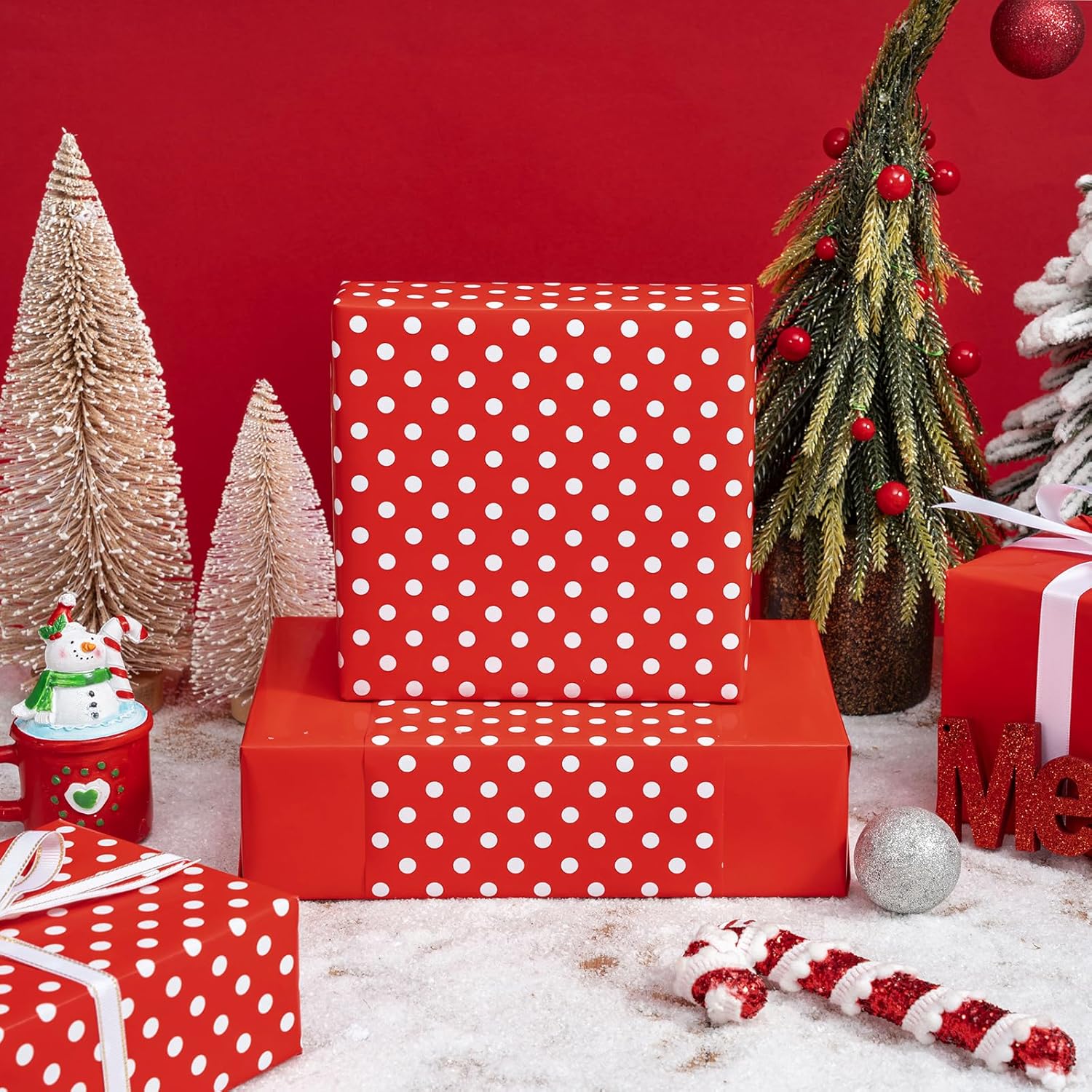 Reversible Wrapping Paper - Mini Roll - 17 Inch X 33 Feet - Red And Polka Dot Design For Birthday, Holiday, Wedding, Baby Shower