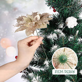 Christmas Poinsettia Flowers, 12Pcs Artificial Poinsettia Flowers Glitter Gold Christmas Tree Ornaments With Stems And Clips For Christmas Wreath Wedding Decorations